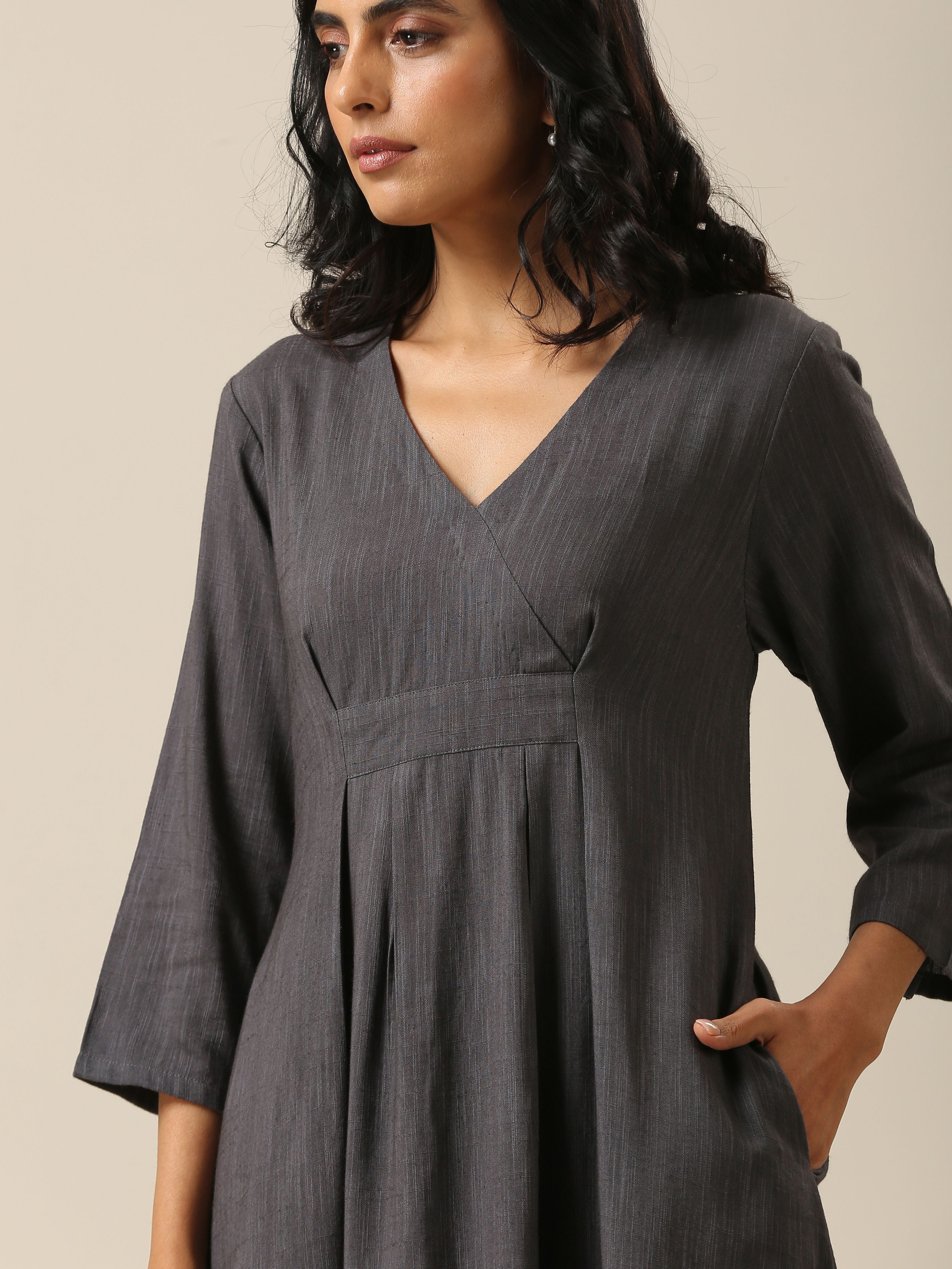 Slate Grey Slub Texture Overlap Pleat Kurta Pant Set | Relove - view 5