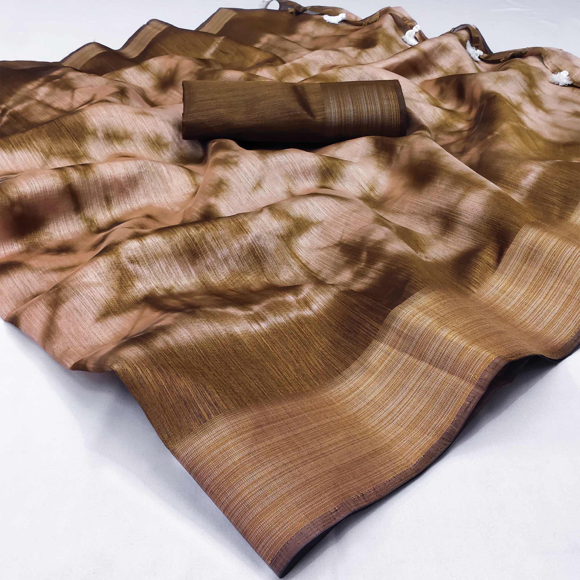 Peachmode Brown Printed Cotton Blend Saree With Tassels