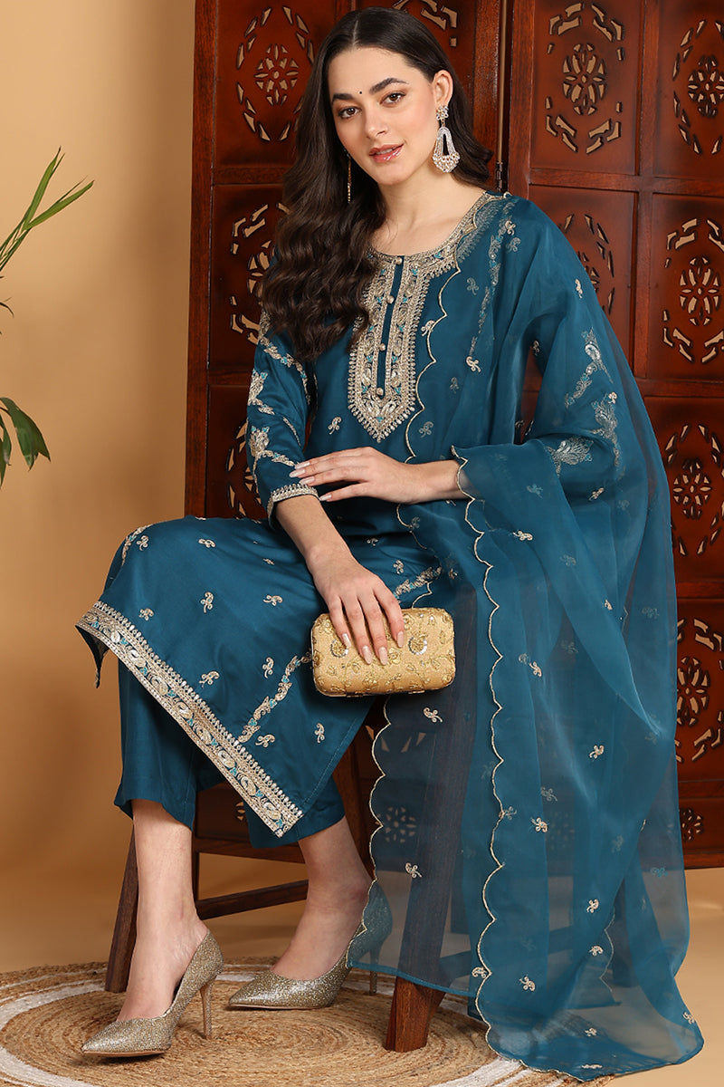 Ahika Teal Silk Blend Ethnic Motifs Embroidered Straight Suit Set PKSKD2198 - view 5