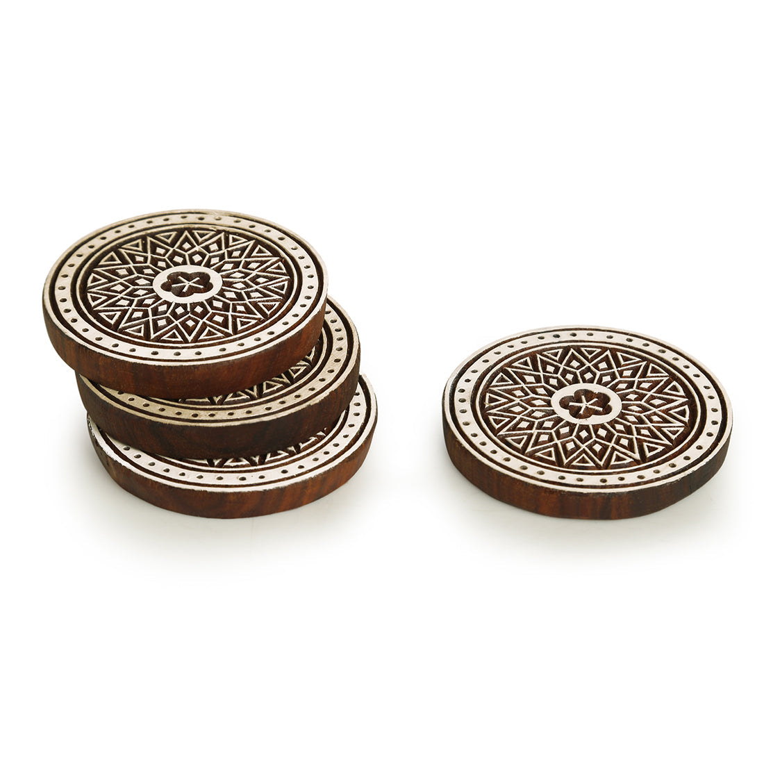 EXCLUSIVELANE 'Magnificent Mandala' Hand-Carved Blocks & Tea Coasters In Sheesham Wood (Set of 4) - view 2