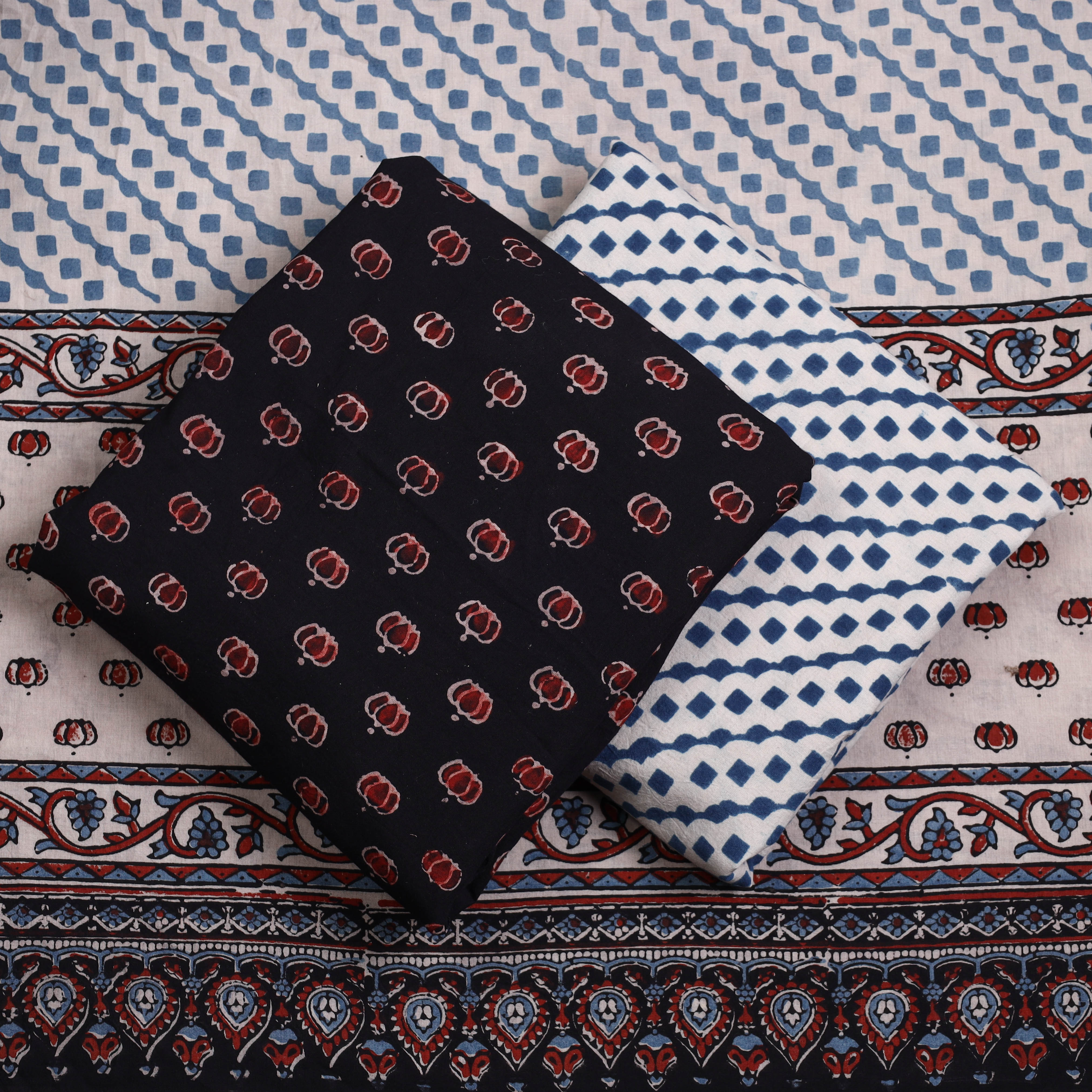 AJRAKH BY JABBAR KHATRI Black - 3pc Ajrakh Block Printed Natural Dyed Cotton Suit Material Set 07 - view 2