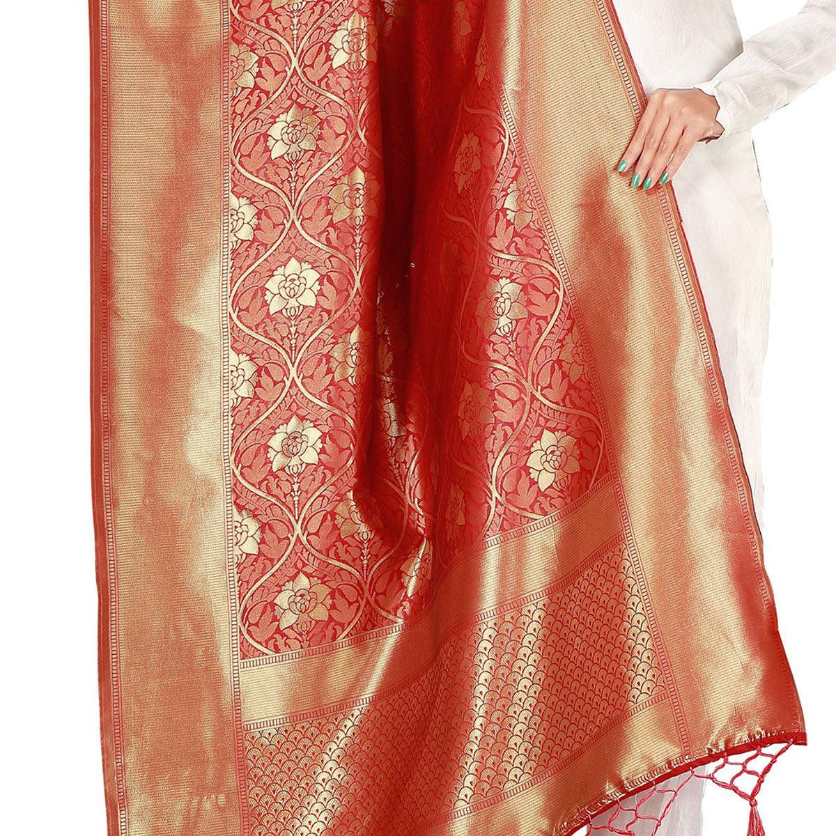 Peachmode Seller Jazzy Red Colored Festive Wear Banarasi Silk Dupatta - view 2