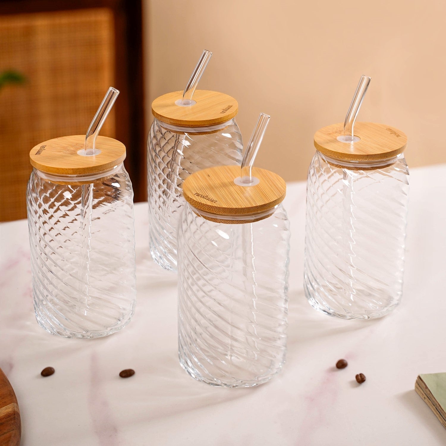 Nestasia Set Of 4 Glass Tumblers With Wooden Lids And Glass Straws 500ml - view 2