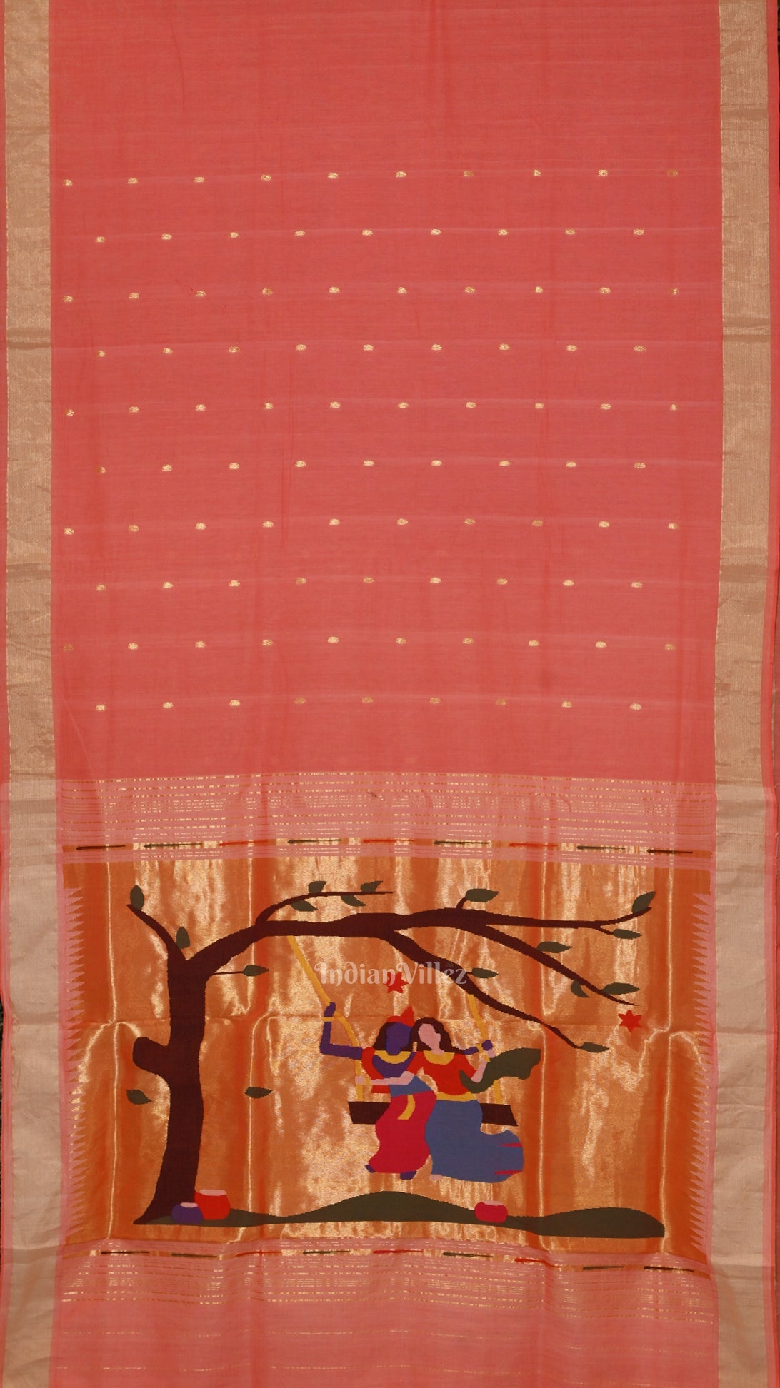 IndianVillèz Peach Butta Design Cotton Paithani Saree