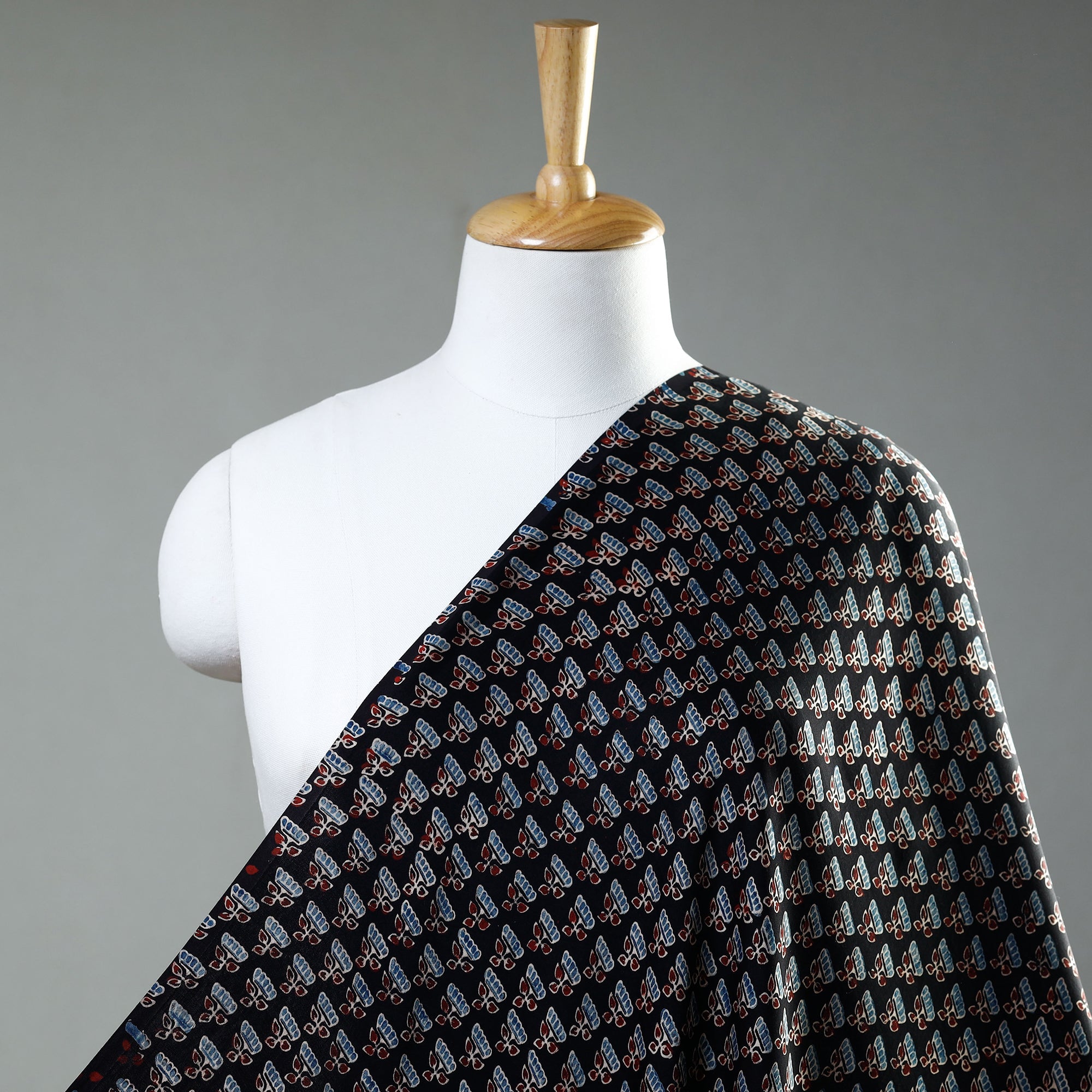 RIYAZ ABDULMAJID KHATRI - AJRAKH Black - Ajrakh Hand Block Printed Modal Silk Precut Fabric (1 meter)