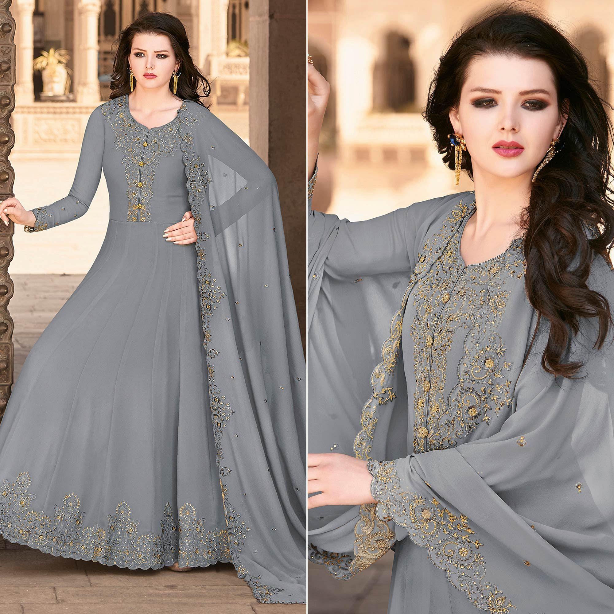 Peachmode Grey Partywear Embroidered Soft Georgette Suit
