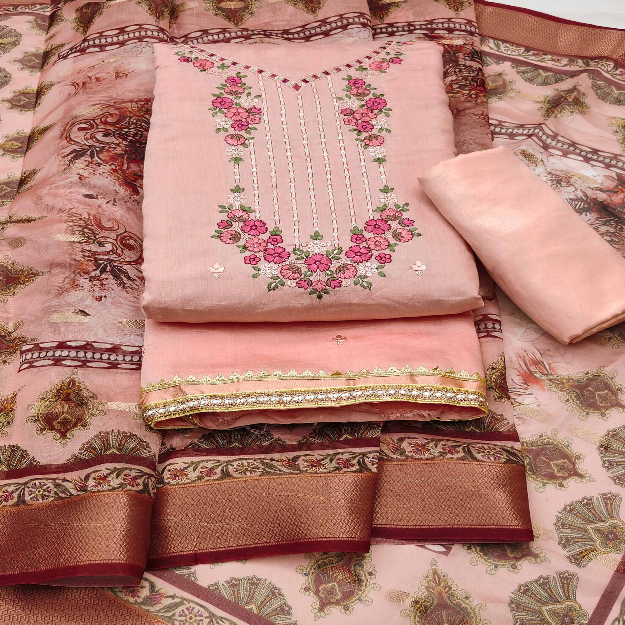 Peachmode Peach Floral Sequins Embroidered Chanderi Silk Dress Material