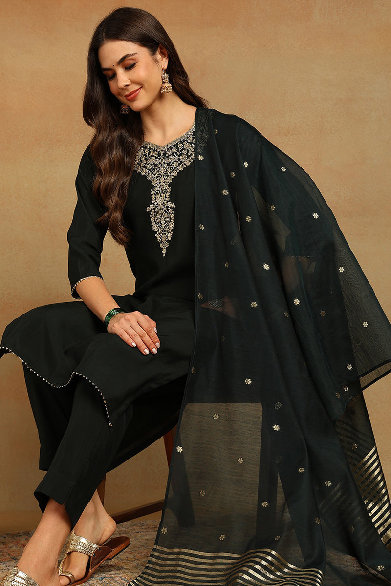 Ahika Green Chanderi Silk Solid Embroidered Straight Trousers Suit Set PKSKD2715
