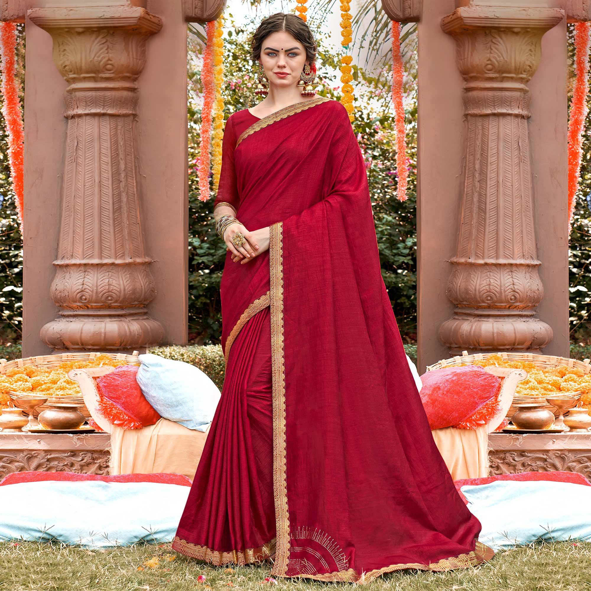 Peachmode Maroon Solid With Fancy Border Vichitra Silk Saree