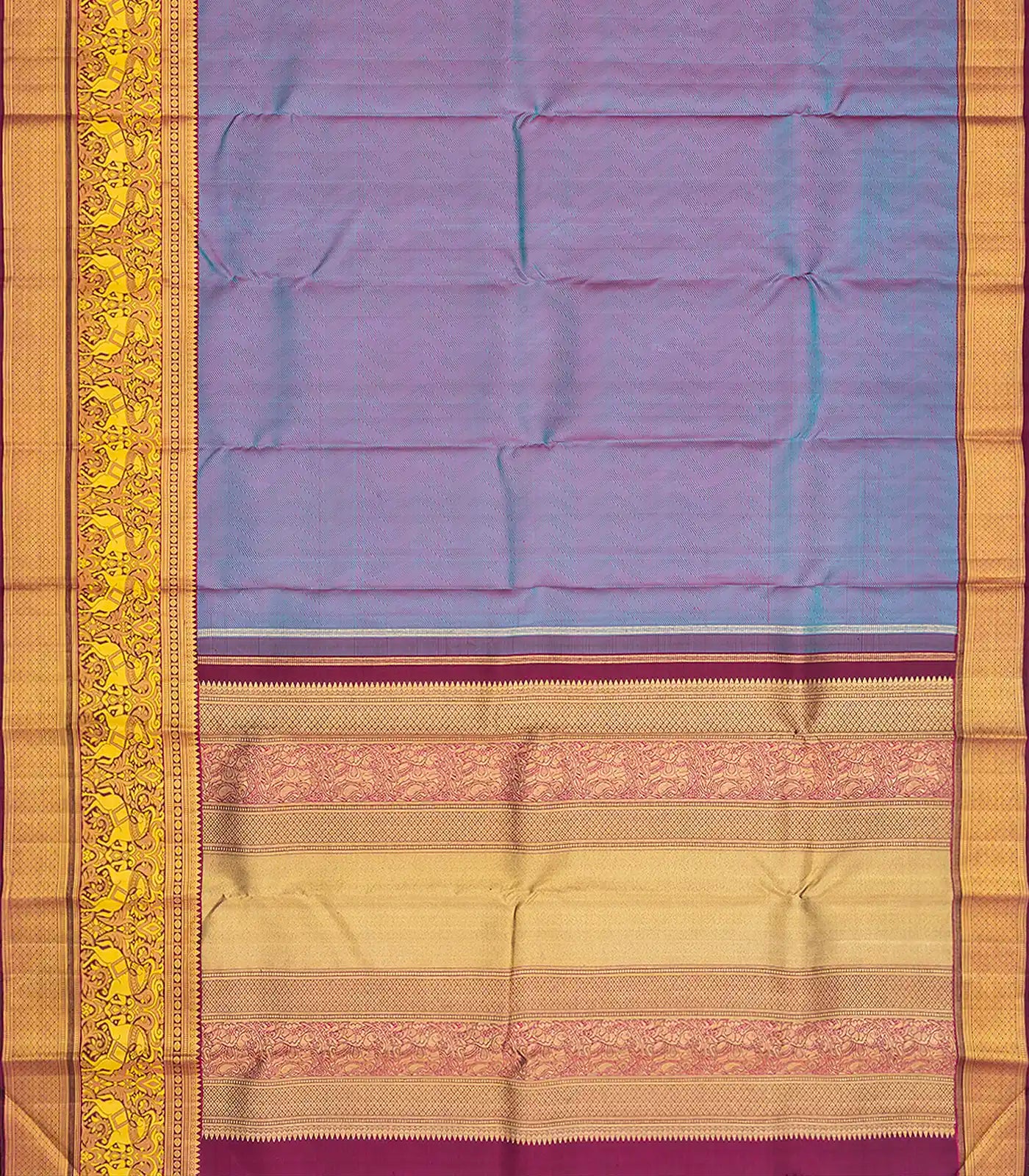 RmKV Cyan Handloom Silk Saree With Chevron Motifs & Kalamkaari Horse Motifs - view 5