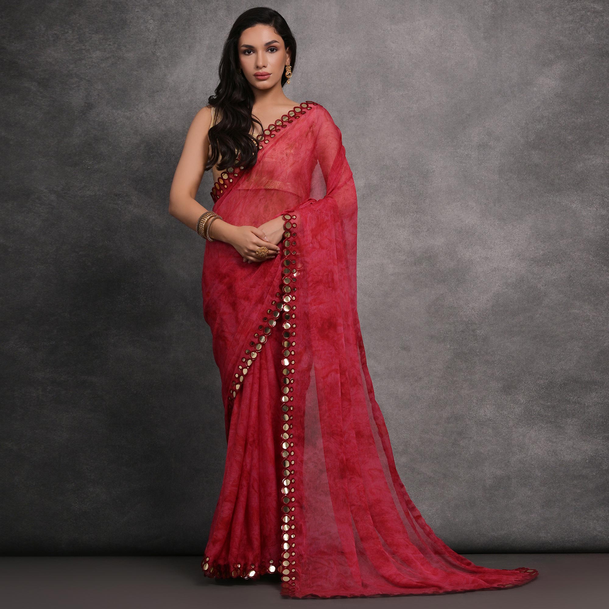 Peachmode Maroon Printed With Mirror Work Georgette Saree - view 2
