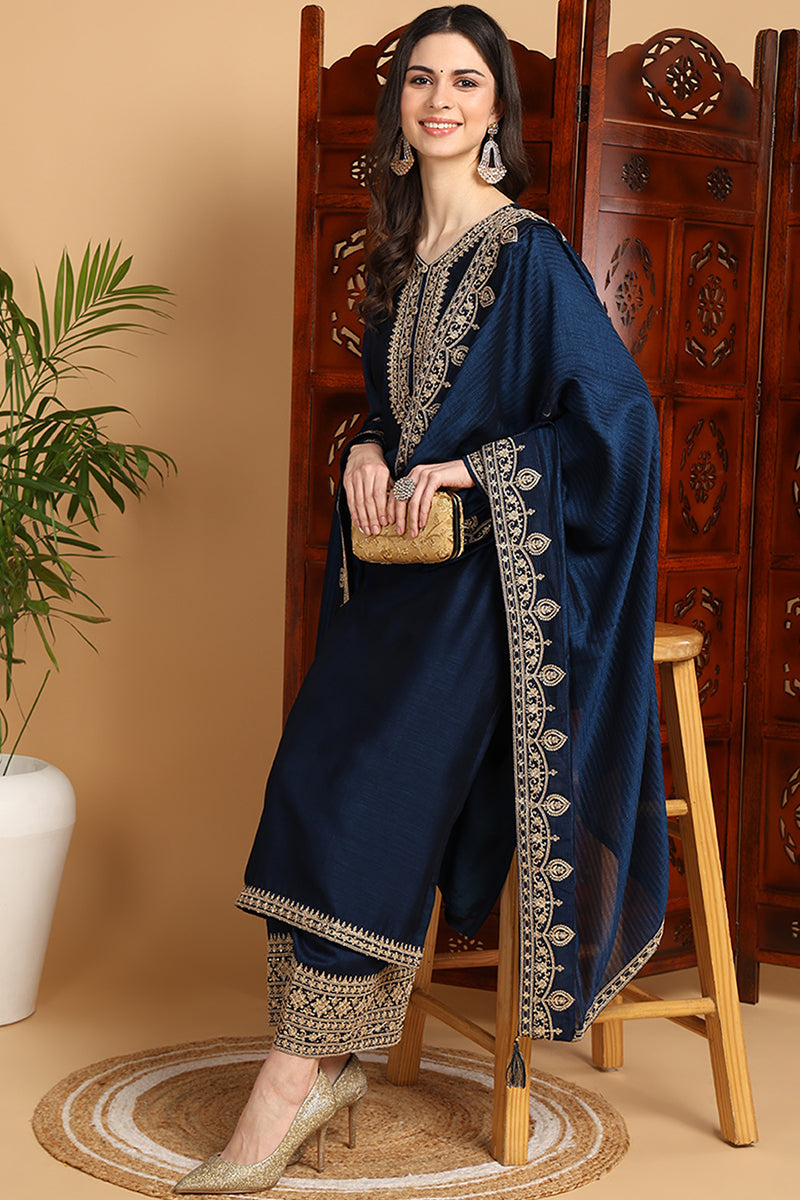 Ahika Navy Blue Silk Blend Solid Embroidered Straight Suit Set PKSKD2262
