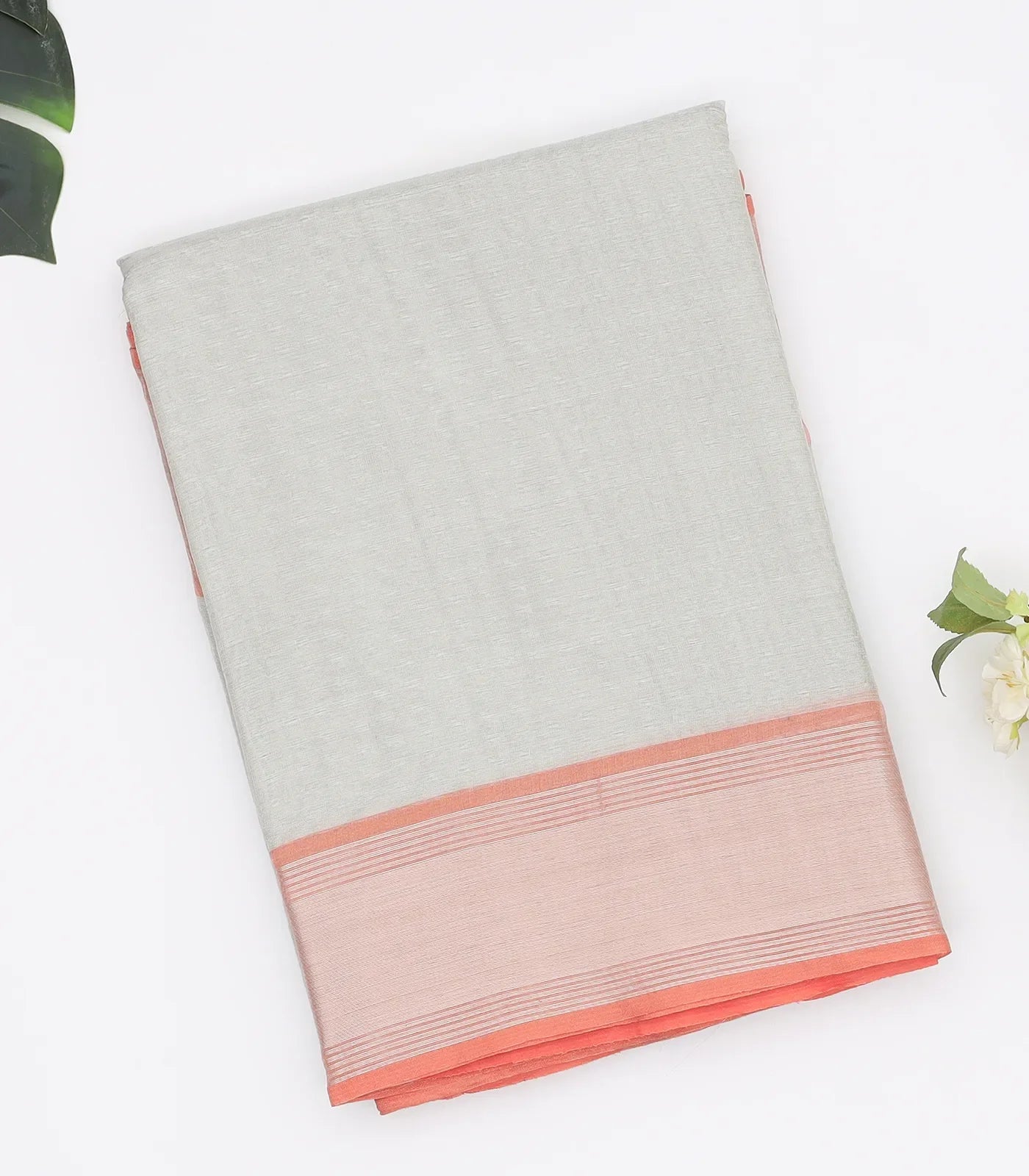 RmKV Grey Blended Tussar Tissue Saree With Peach Border-Grey