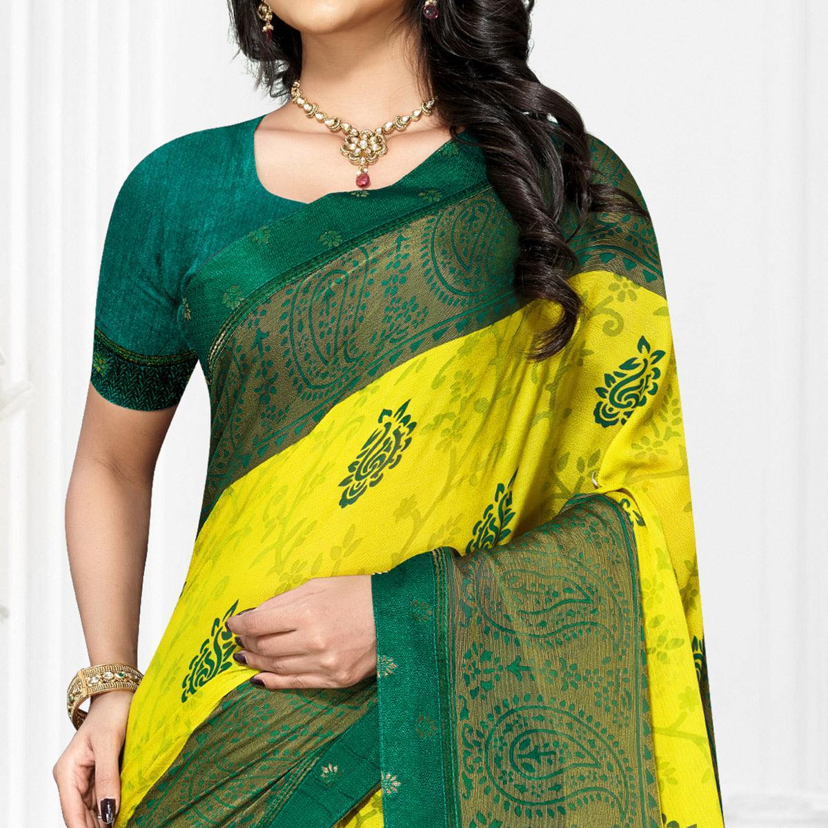 Peachmode Lemon Yellow Casual Wear Printed Brasso Chiffon Saree - view 2