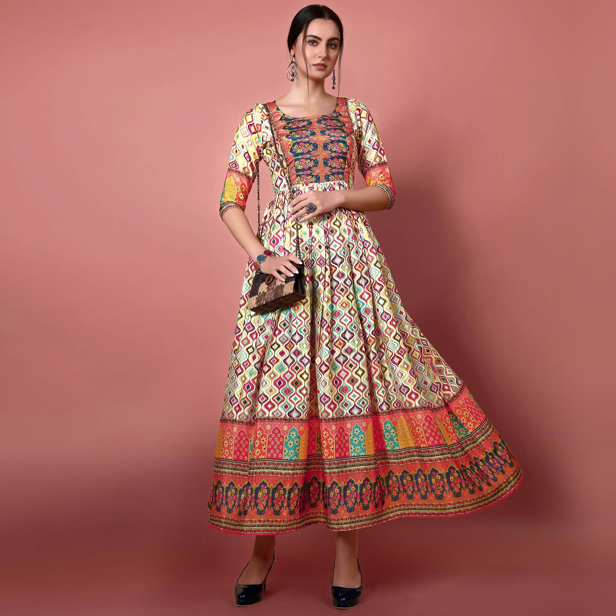 Peachmode Seller Cream Digital Printed Chiffon Long Kurti