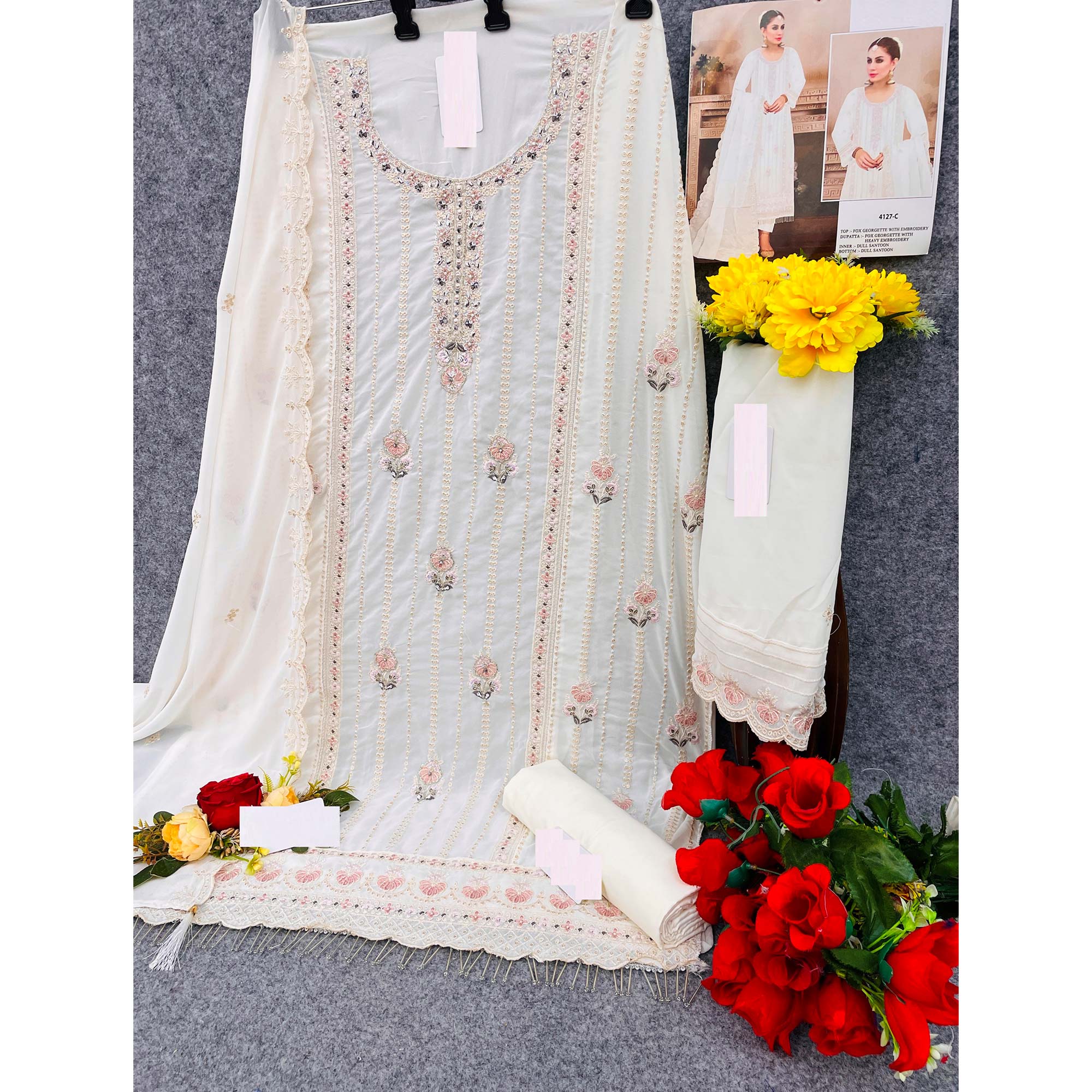 Peachmode Cream Floral Hand Embroidered Georgette Semi Stitched Pakistani Suit - view 5