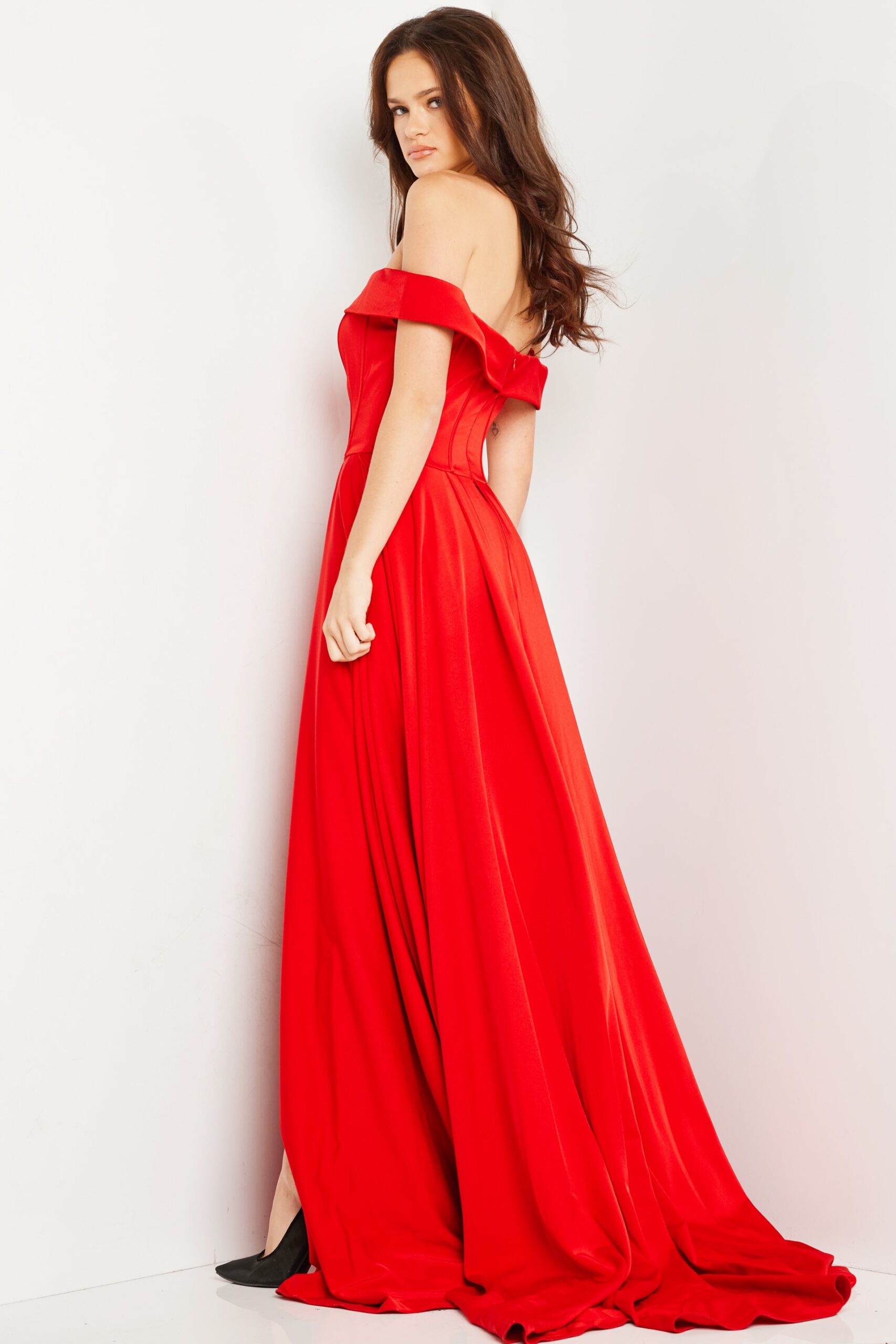 Satin Off Shoulder A-line Slit Gown by Jovani 09874 - view 2