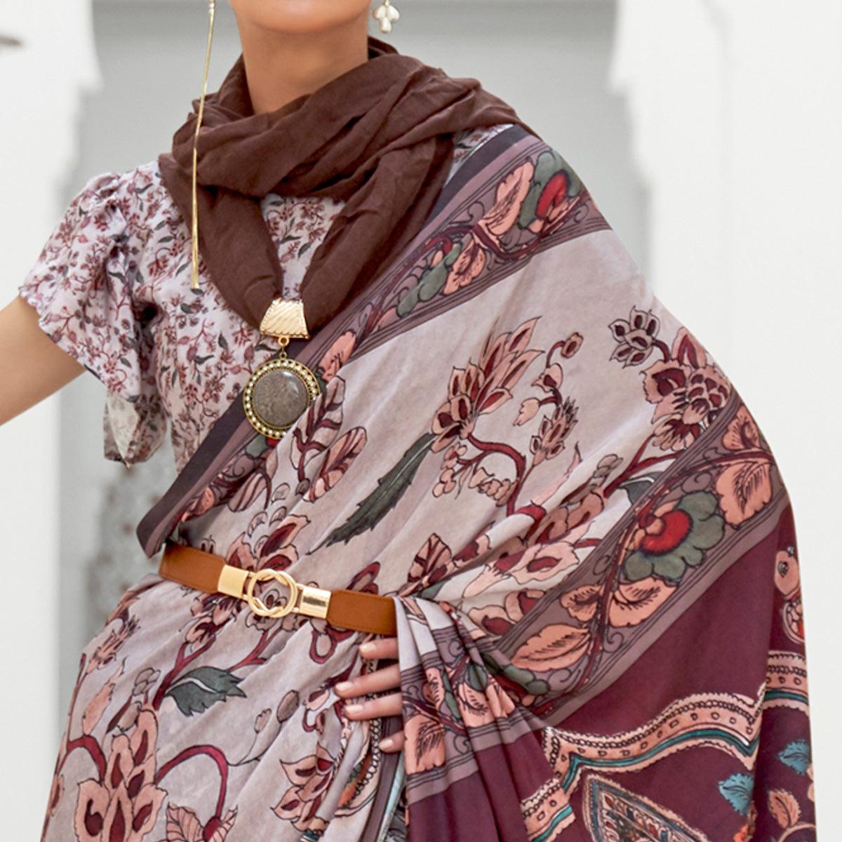 Peachmode Grey Partywear Floral Digital Printed Silk Saree - view 4