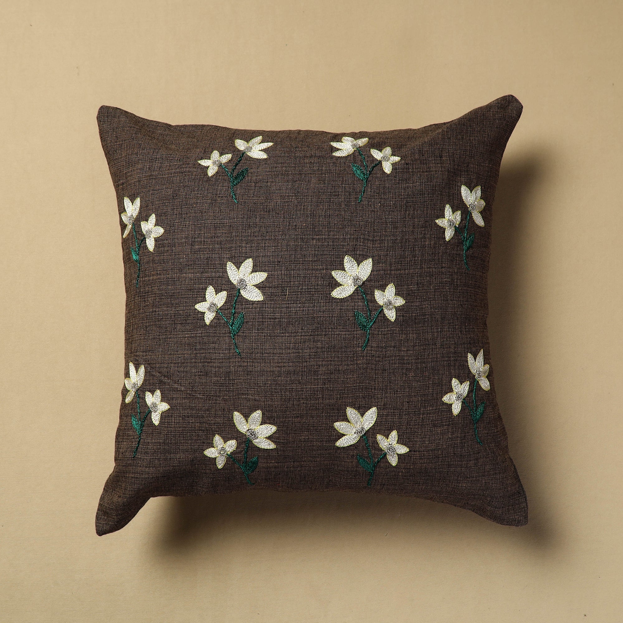 NOORI BAZAR Brown - Hand Embroidery Plain Cotton Cushion Cover (16 x 16 in)