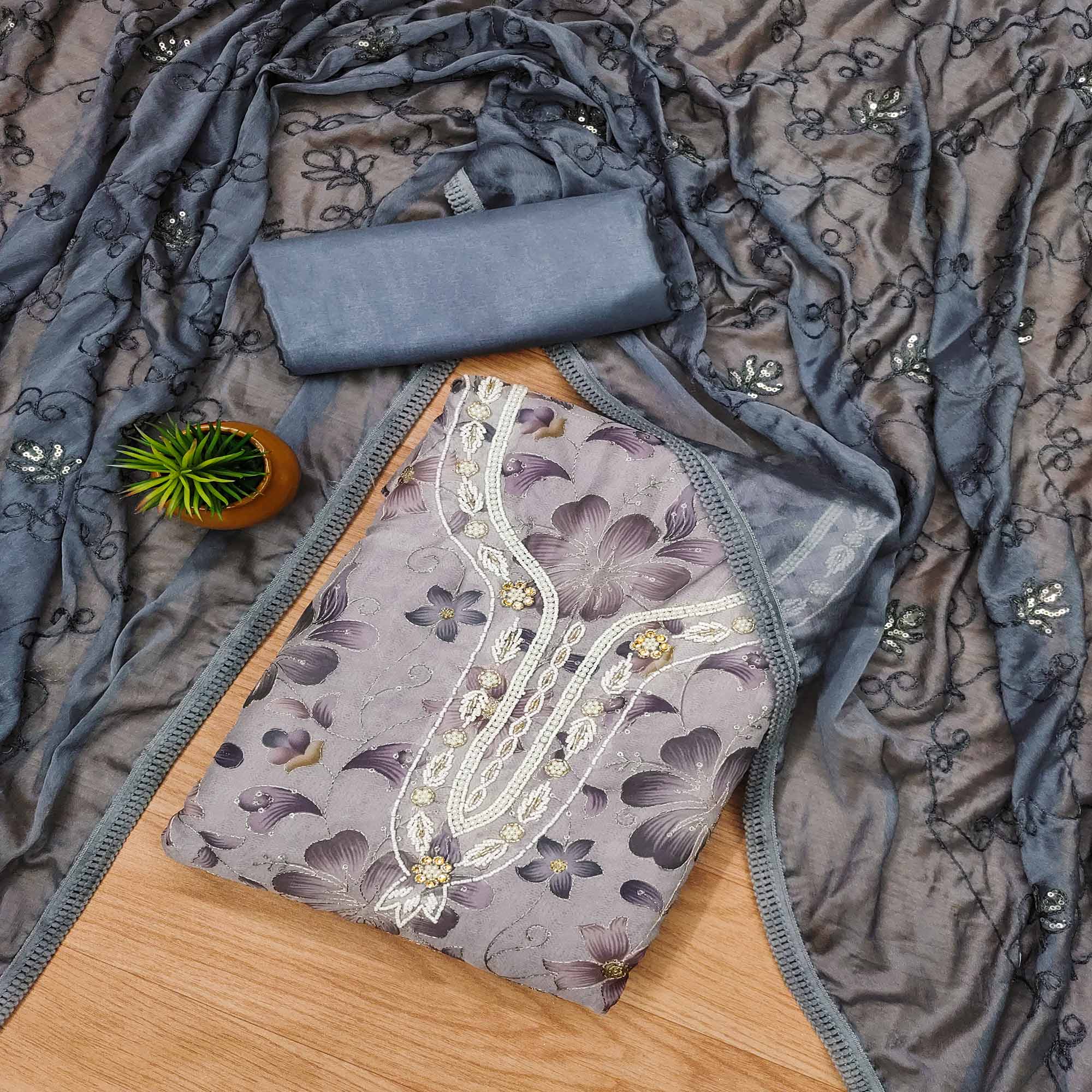 Peachmode Light Lavender Floral Sequins Embroidered With Printed Organza Dress Material