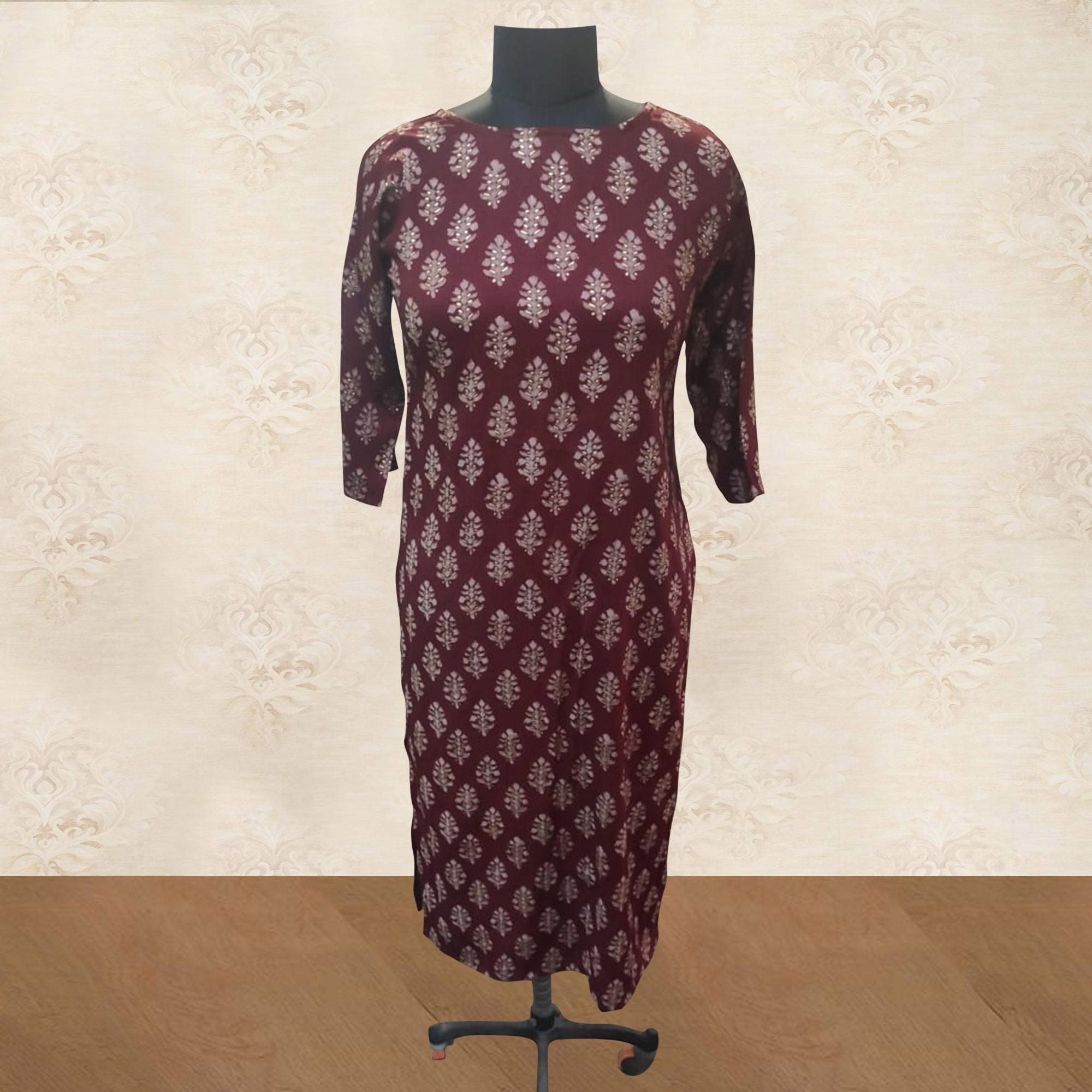 Peachmode Maroon Printed Rayon Kurti – Women's