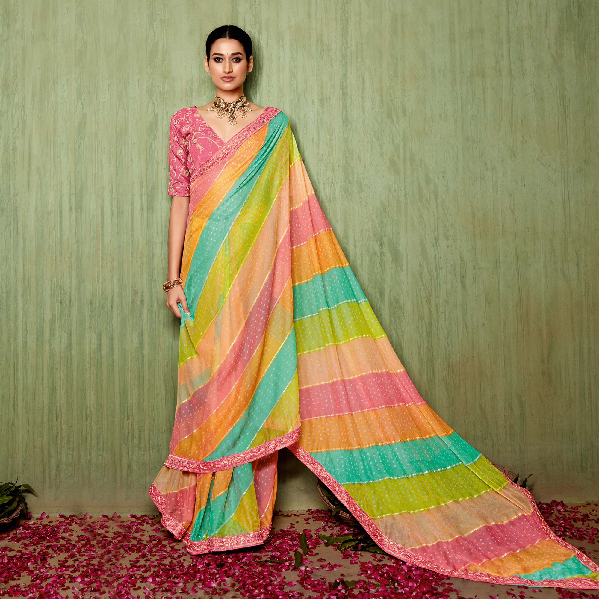 Peachmode Multicolor Bandhani Printed Chiffon Saree