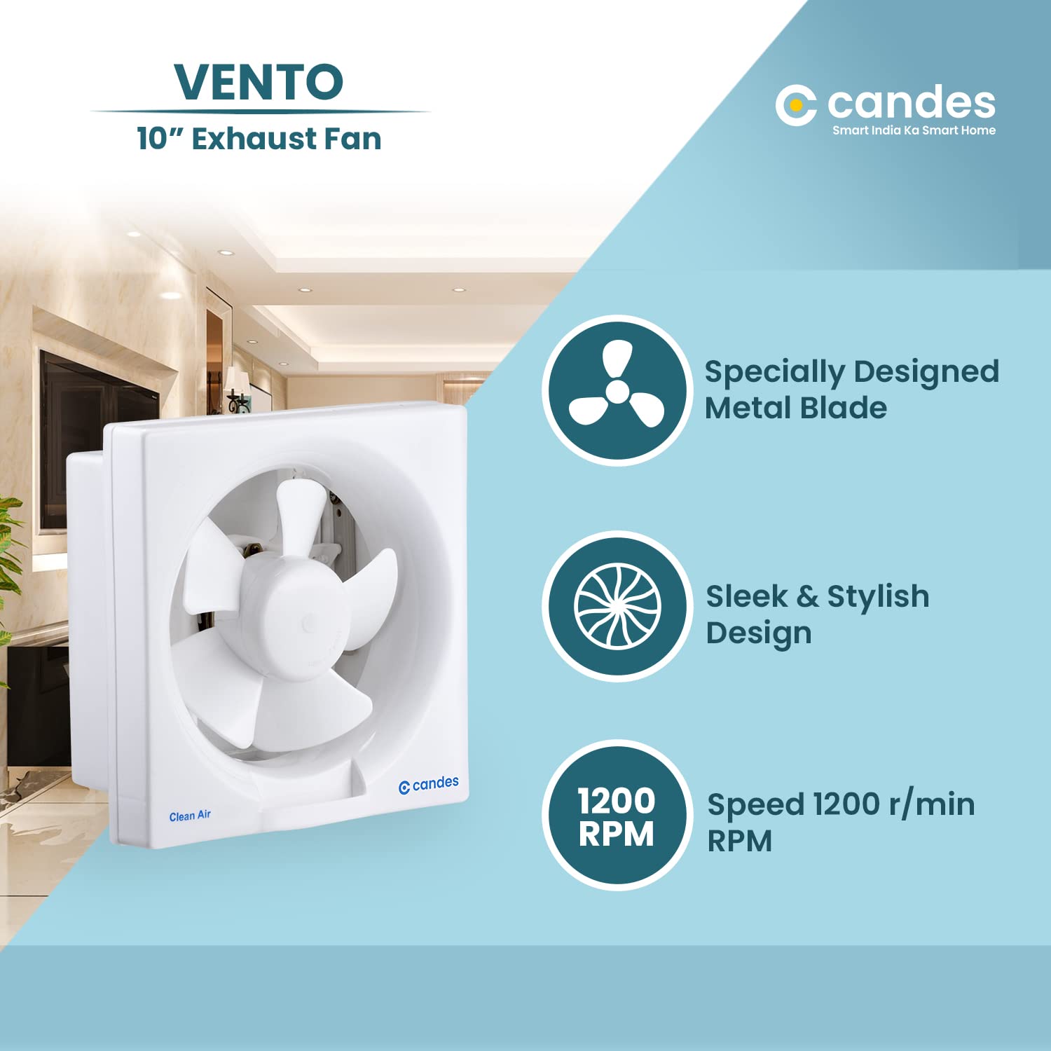 Candes Vento 250 MM (10 Inches) 100% CNC Winding 5 Blades Exhaust Fan - 1 Year Warranty (White) - view 3