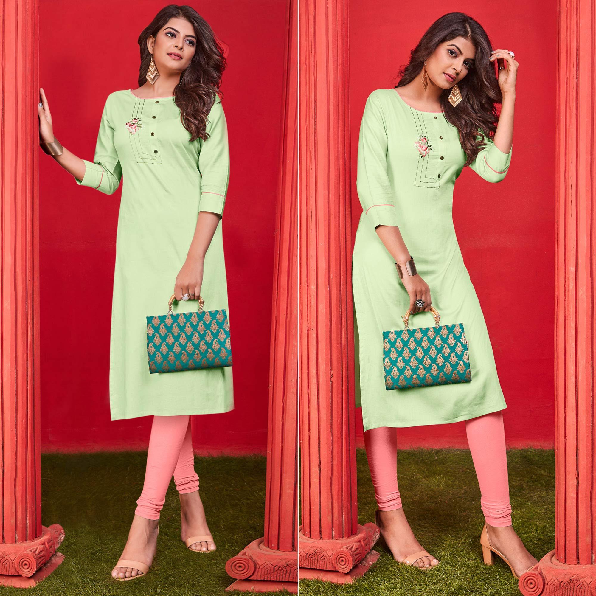 Peachmode Seller Light Green Casual Wear Floral Embroidered Cotton Kurti