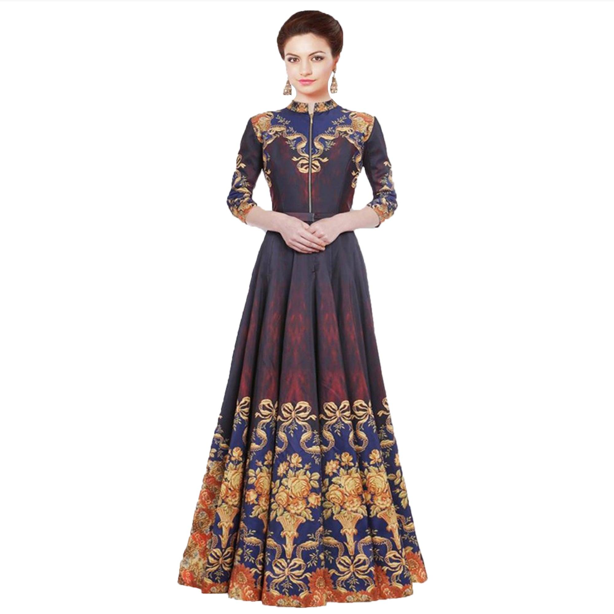 Peachmode Multi Color Ikkat Printed Gown with Front Zip