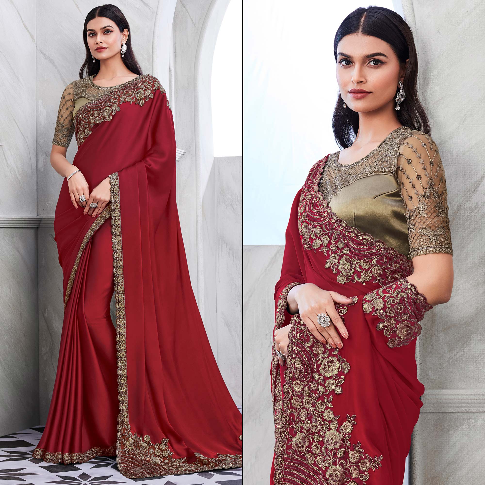Peachmode Maroon Floral Sequins Embroidered Georgette Saree