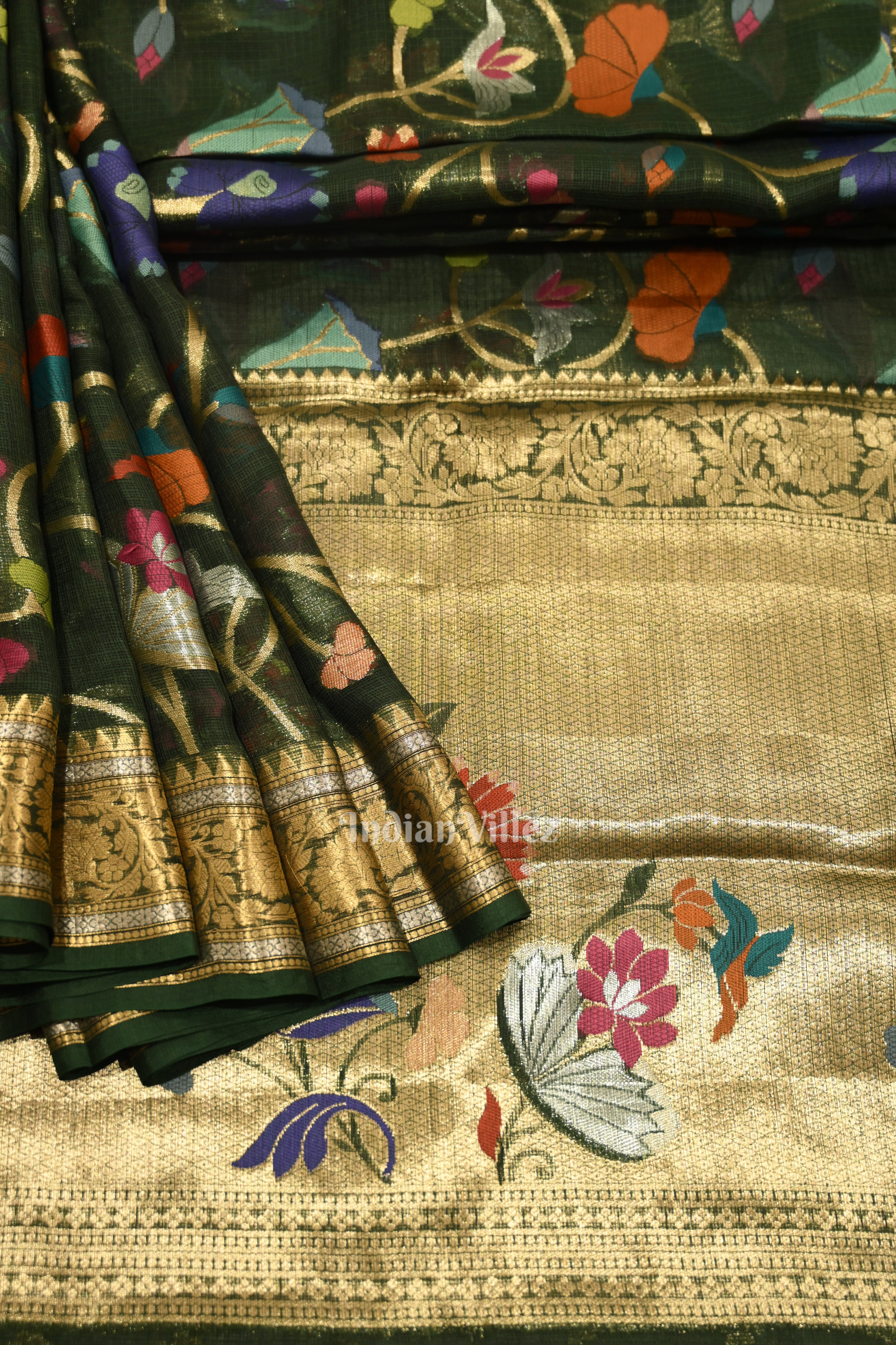 IndianVillèz Bottle Green Pure Jamdani Banarasi Kota Silk Saree