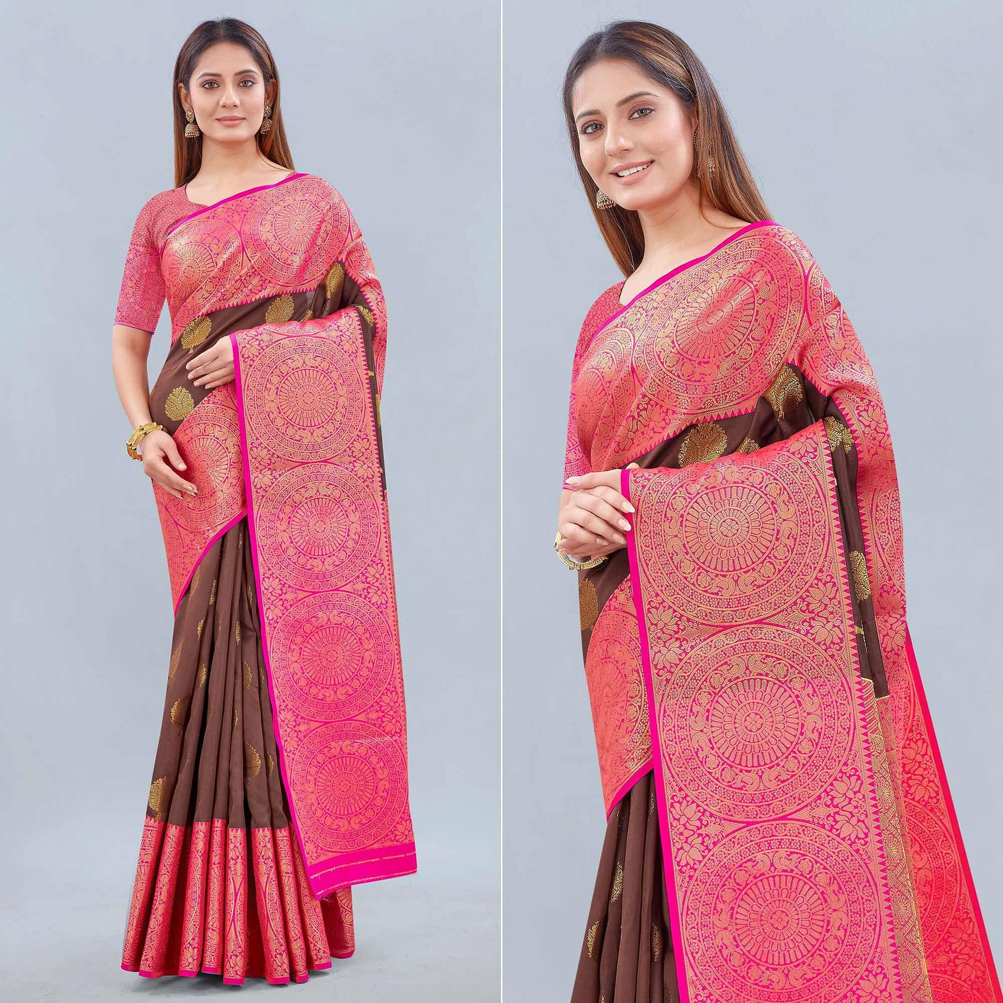 Peachmode Brown Woven Banarasi Silk Saree – Women's