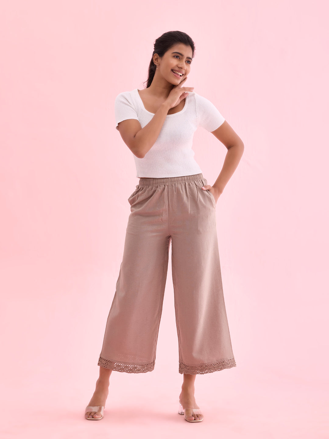 Go Colors Women Solid Khaki Mid Rise Linen Wide Pant - view 5