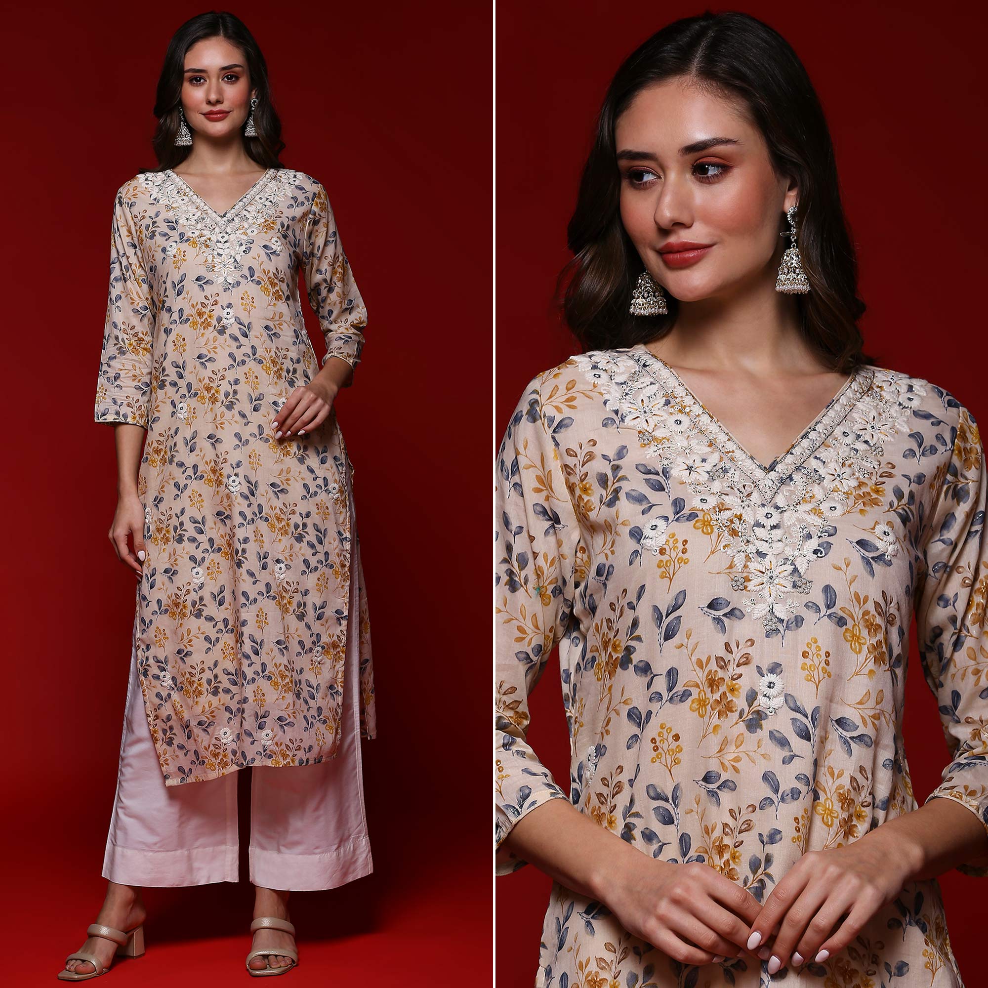 Peachmode Chikoo Floral Printed Mulmul Cotton Straight Kurti
