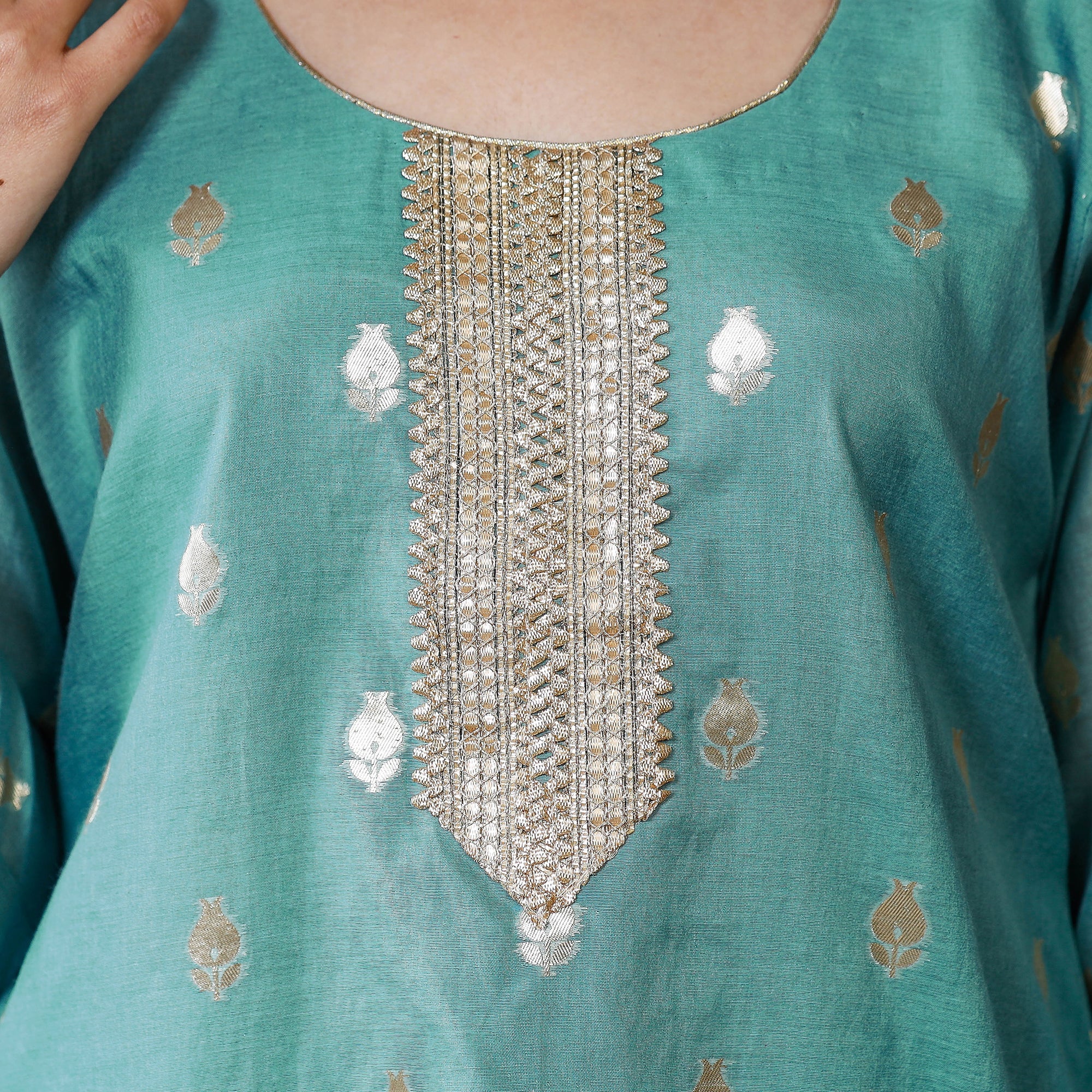 ITOKRI CASUALS Aqua Green Banarasi Silk Zari Work Kurta with Palazzo & Dupatta Set - view 5