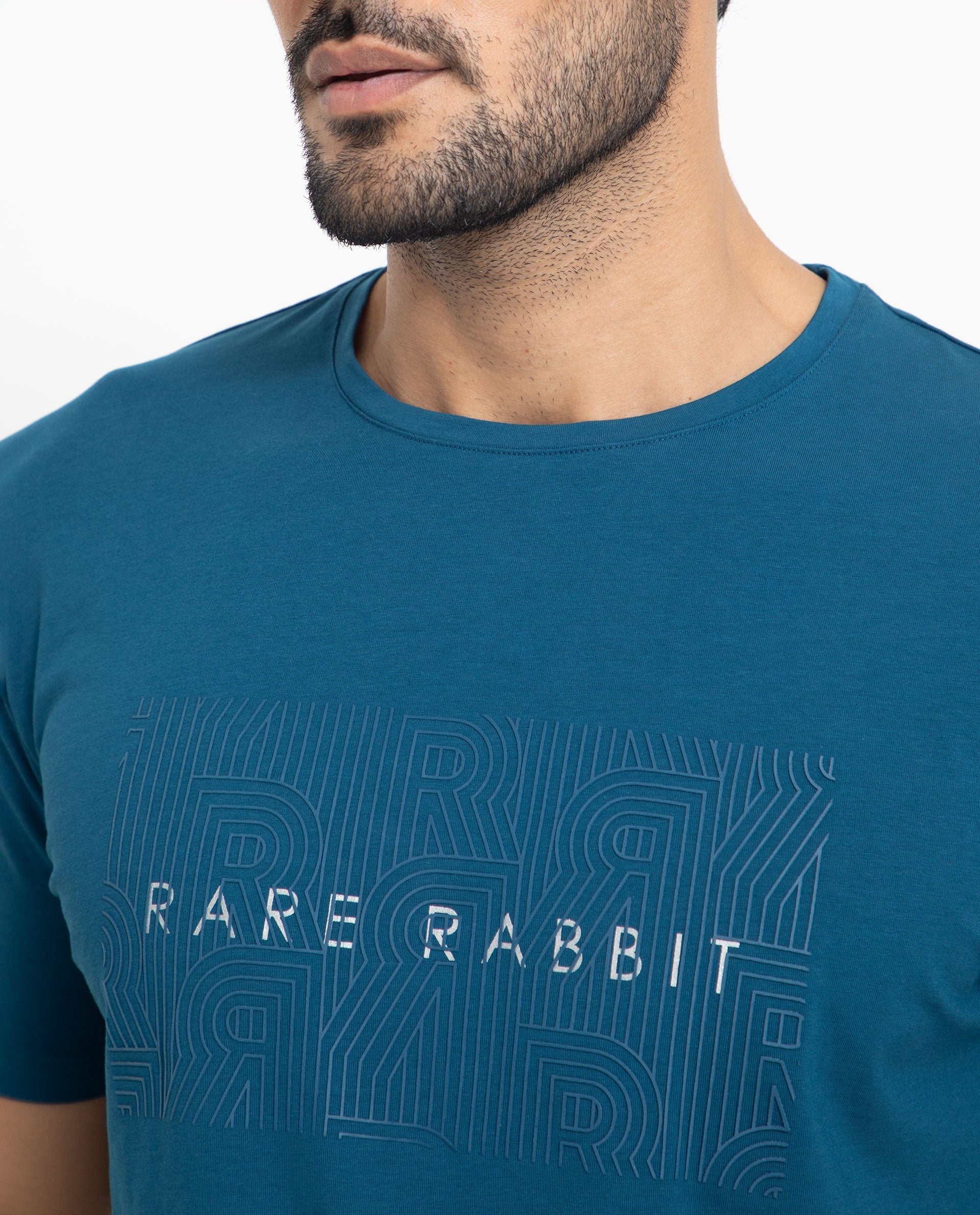 Rare Rabbit Men's Alanet Teal Crew Neck Foil HD Print Branding Half Sleeves Regular Fit T-Shirt - view 3