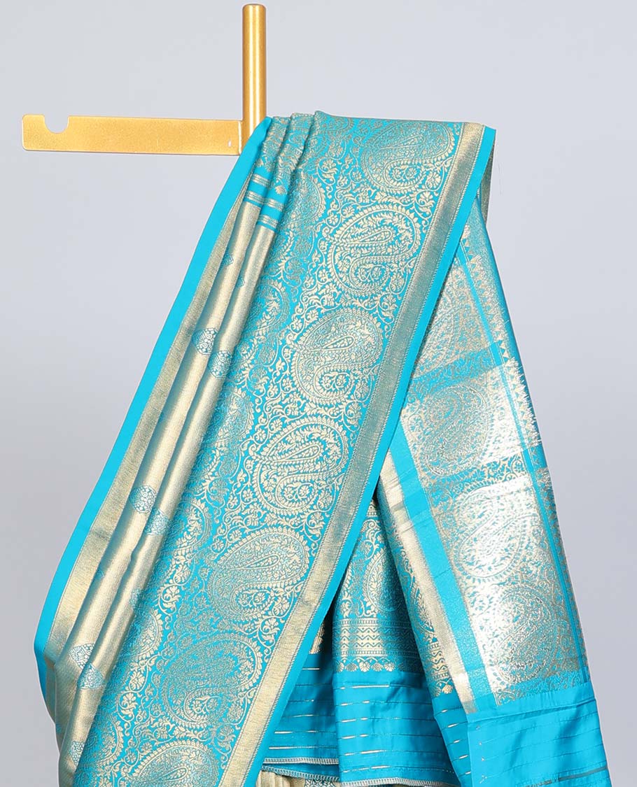 Pothys Blue paisley design Semi banaras tissue saree, border of embellished paisley motifs & intricate pallu of paisleys - view 3