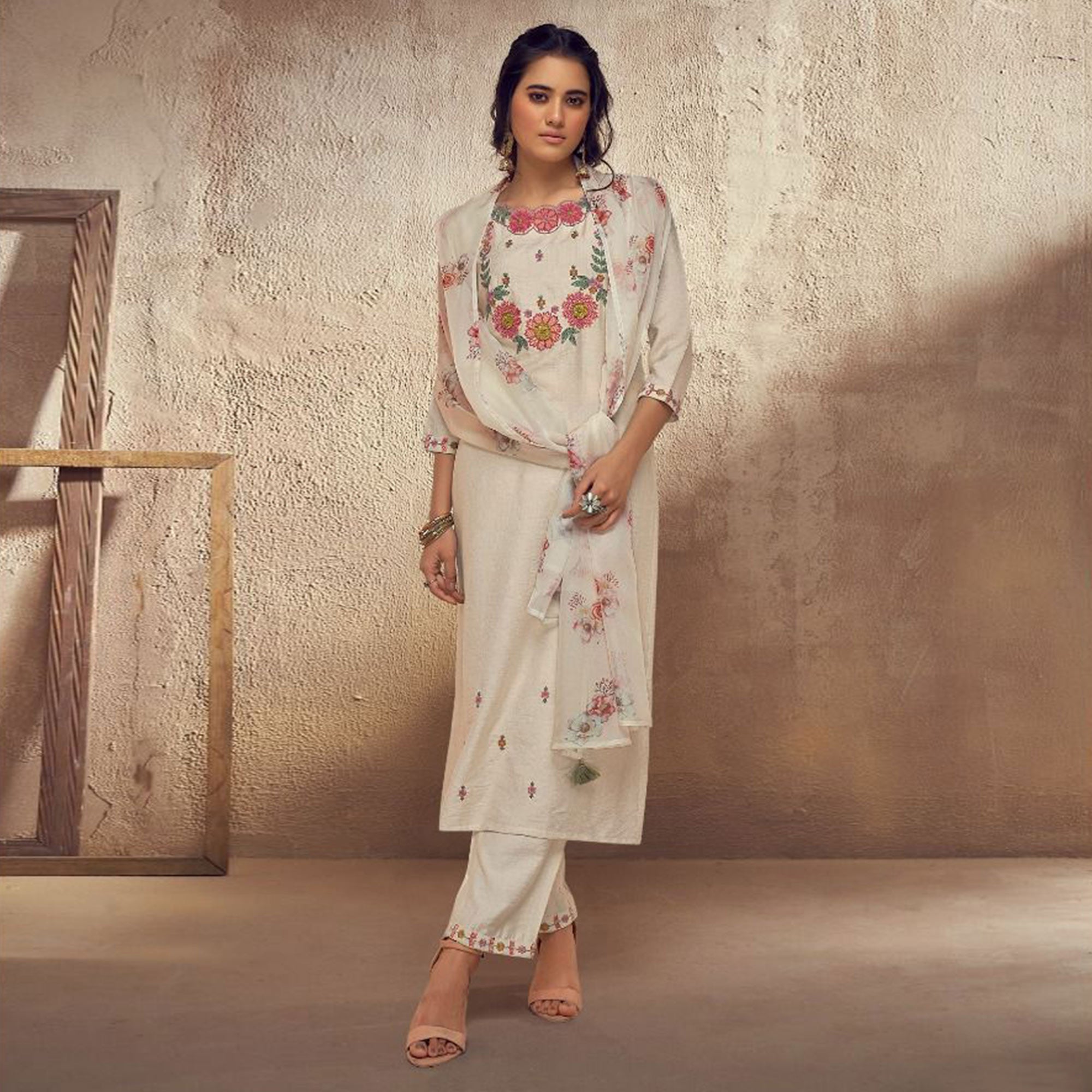 Peachmode Cream Floral Embroidered Viscose Suit - view 2