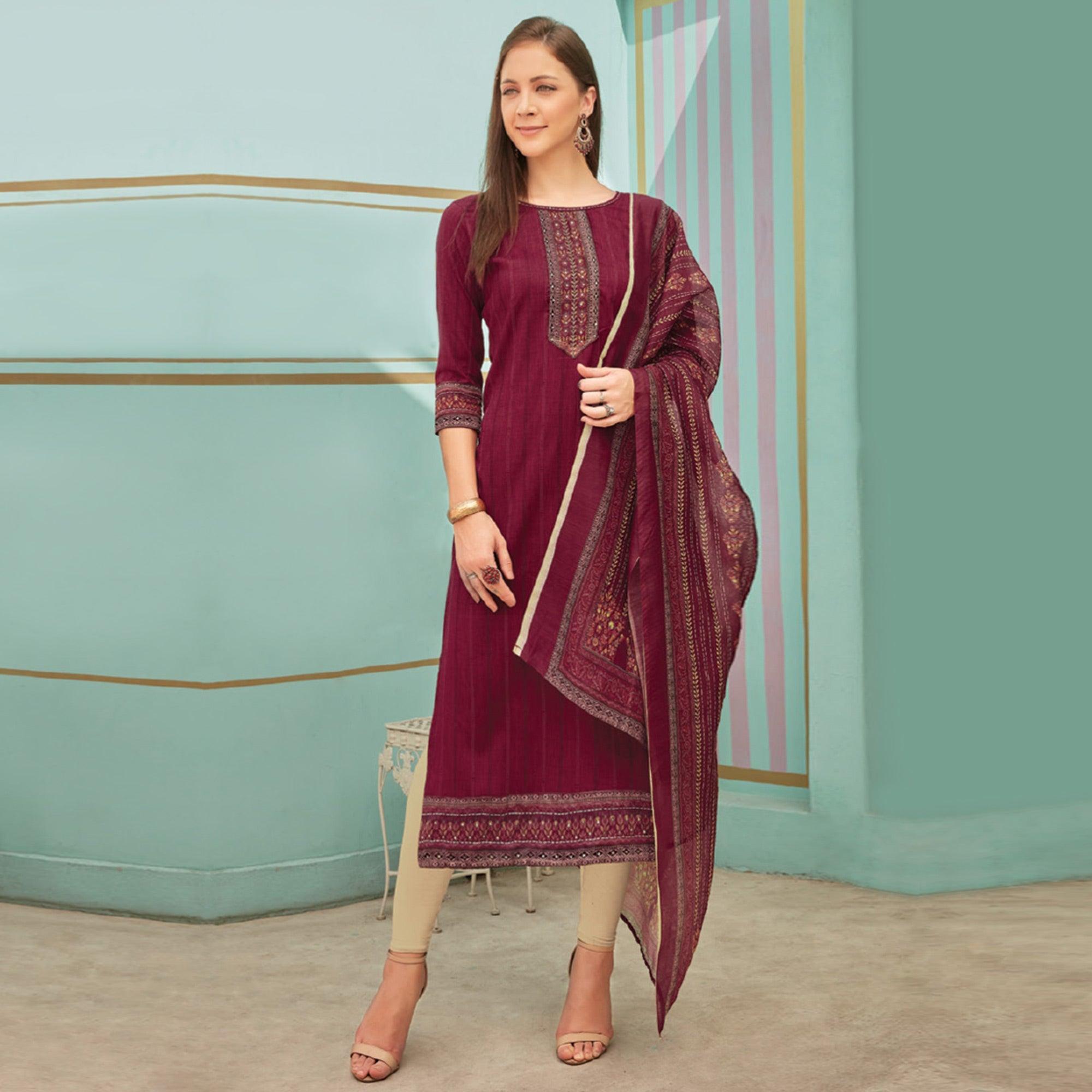 Peachmode Seller Maroon Printed With Embroidery Tapetta Silk Kurti With Dupatta - view 2