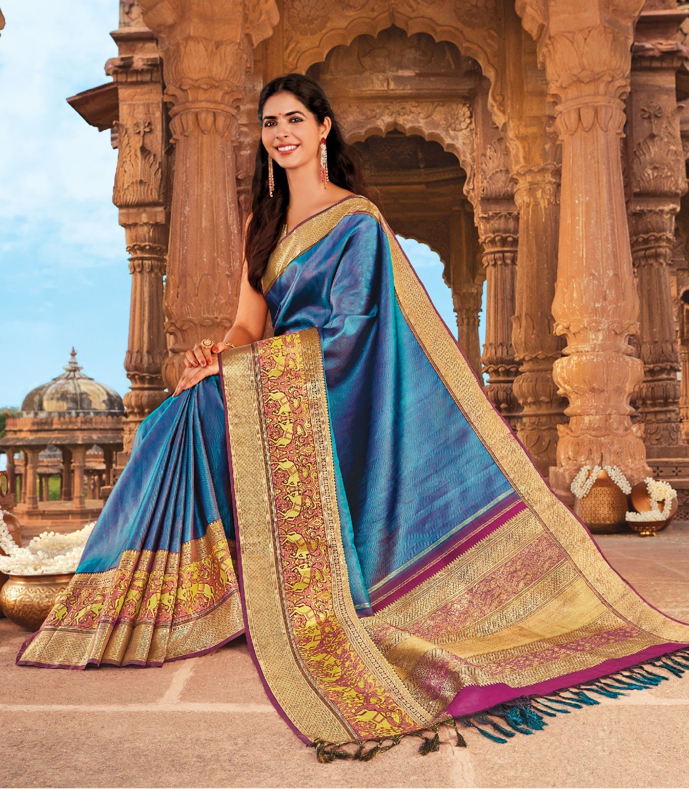 RmKV Cyan Handloom Silk Saree With Chevron Motifs & Kalamkaari Horse Motifs - view 2