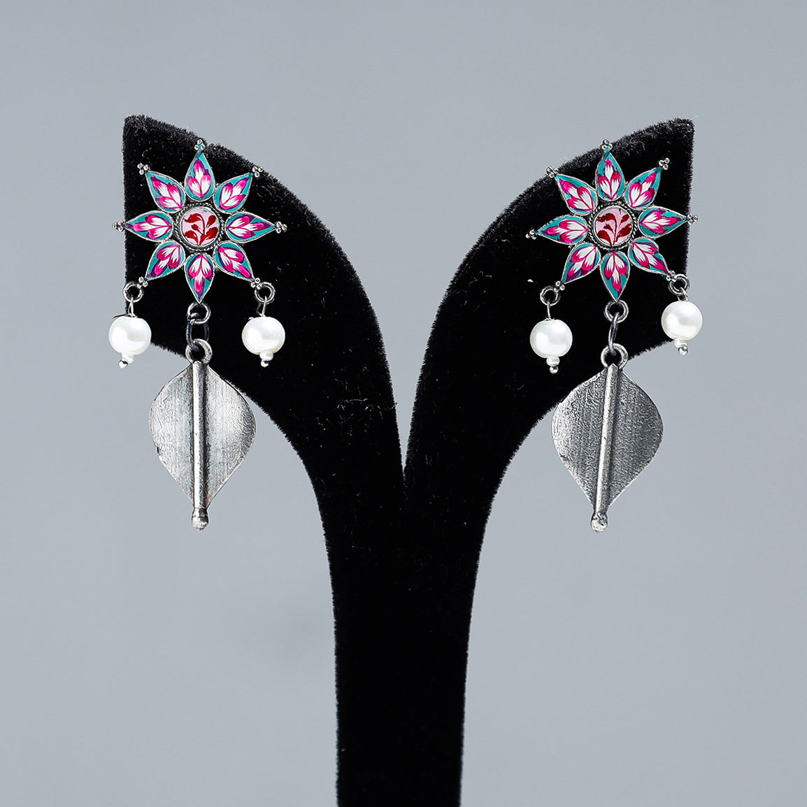 WHITE RIVER STORIES Antique Silver Finish Oxidised Brass Base Enamel Work Earrings - view 2