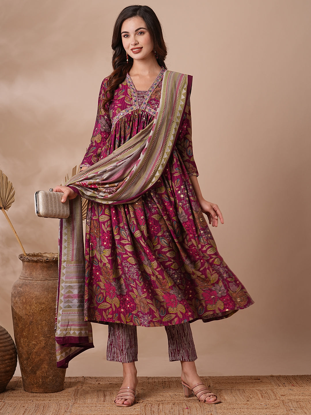 Fashor Floral Printed & Embroidered A-Line Pleated Kurta with Pant & Dupatta - Magenta