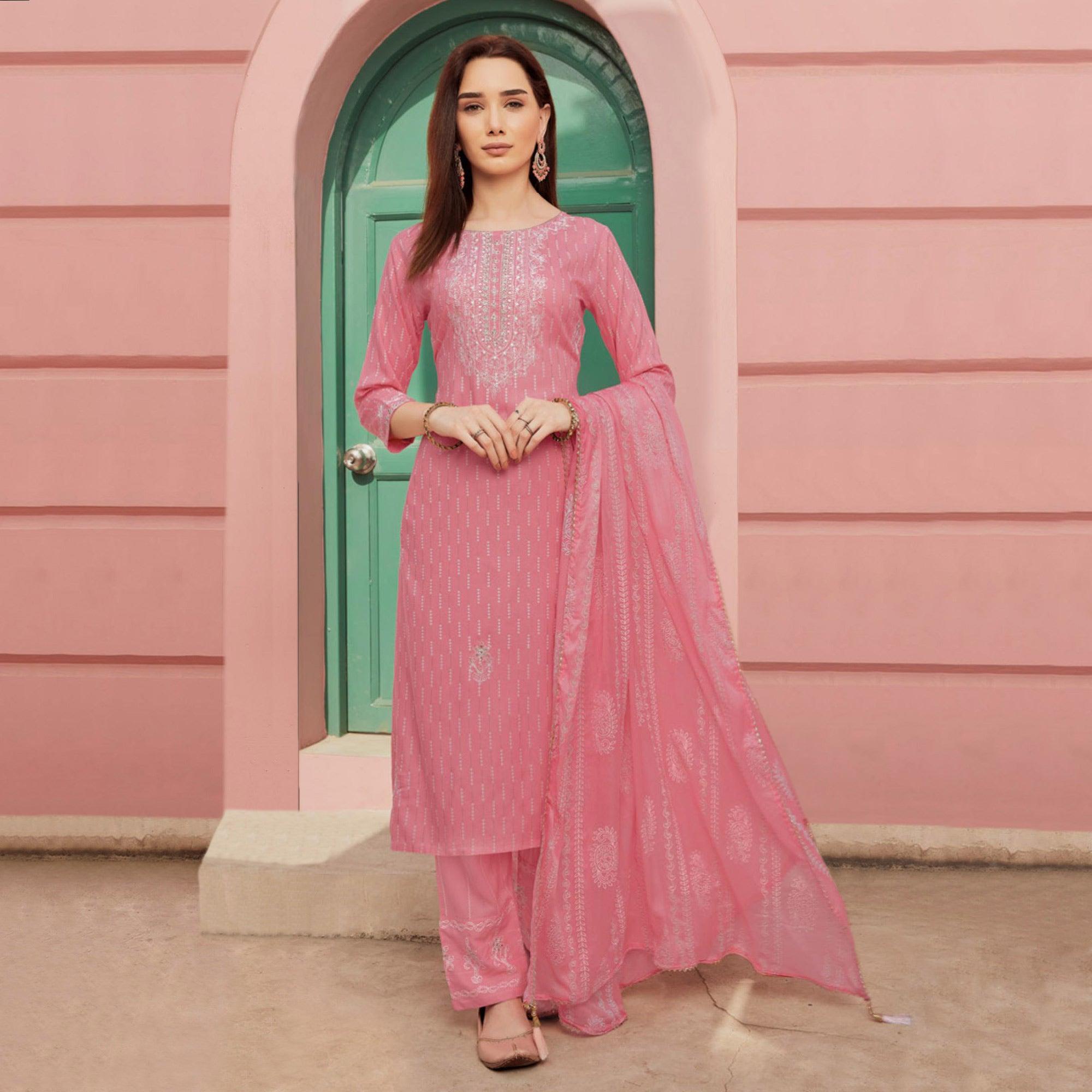 Peachmode Seller Light Pink Embroidery With Printed Pure Cotton Kurti Pant Set With Dupatta - view 2