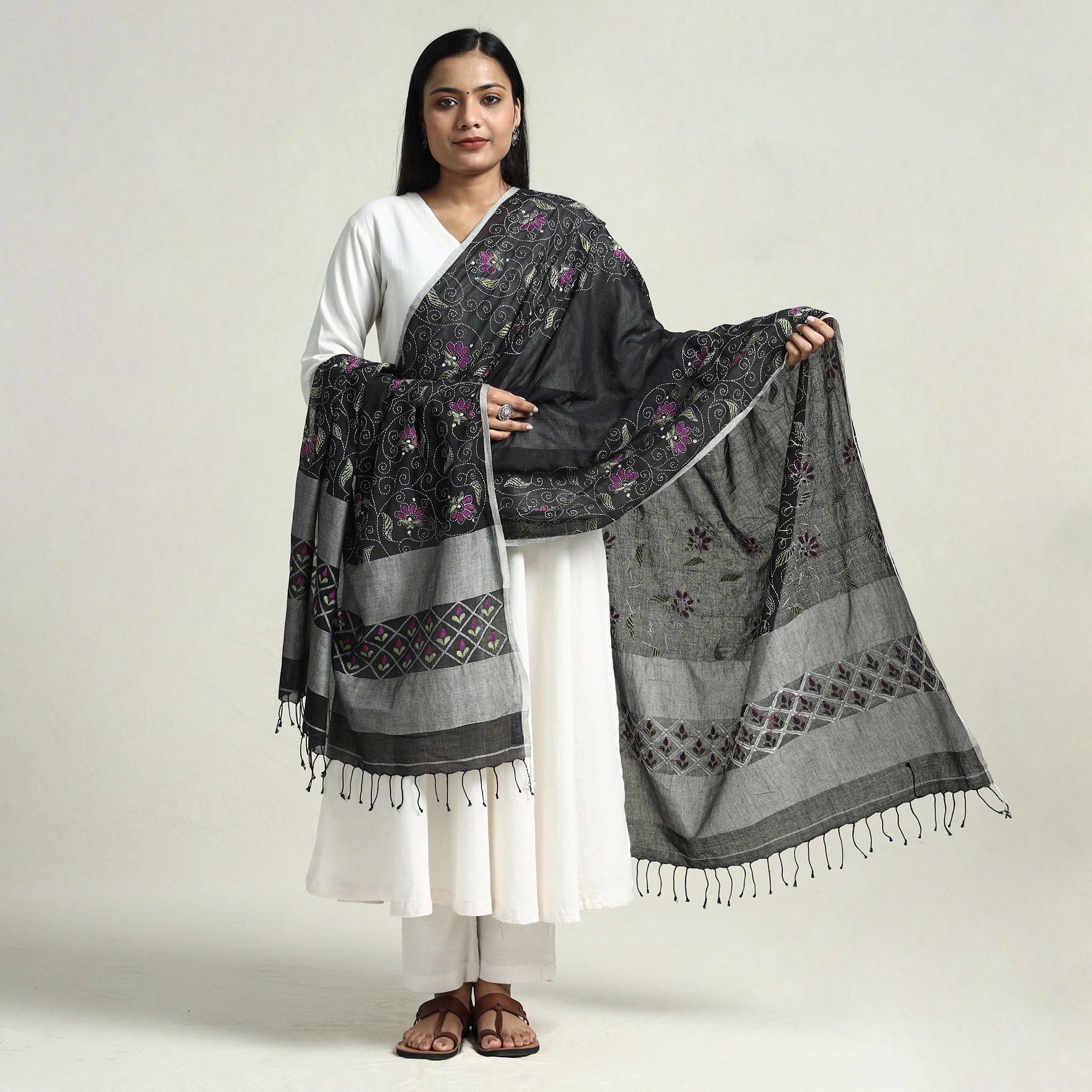 KHUSHBASH - HAPPY LOOM OF EAST Black - Bolpur Kantha Embroidery Cotton Handloom Dupatta with Tassels - view 2