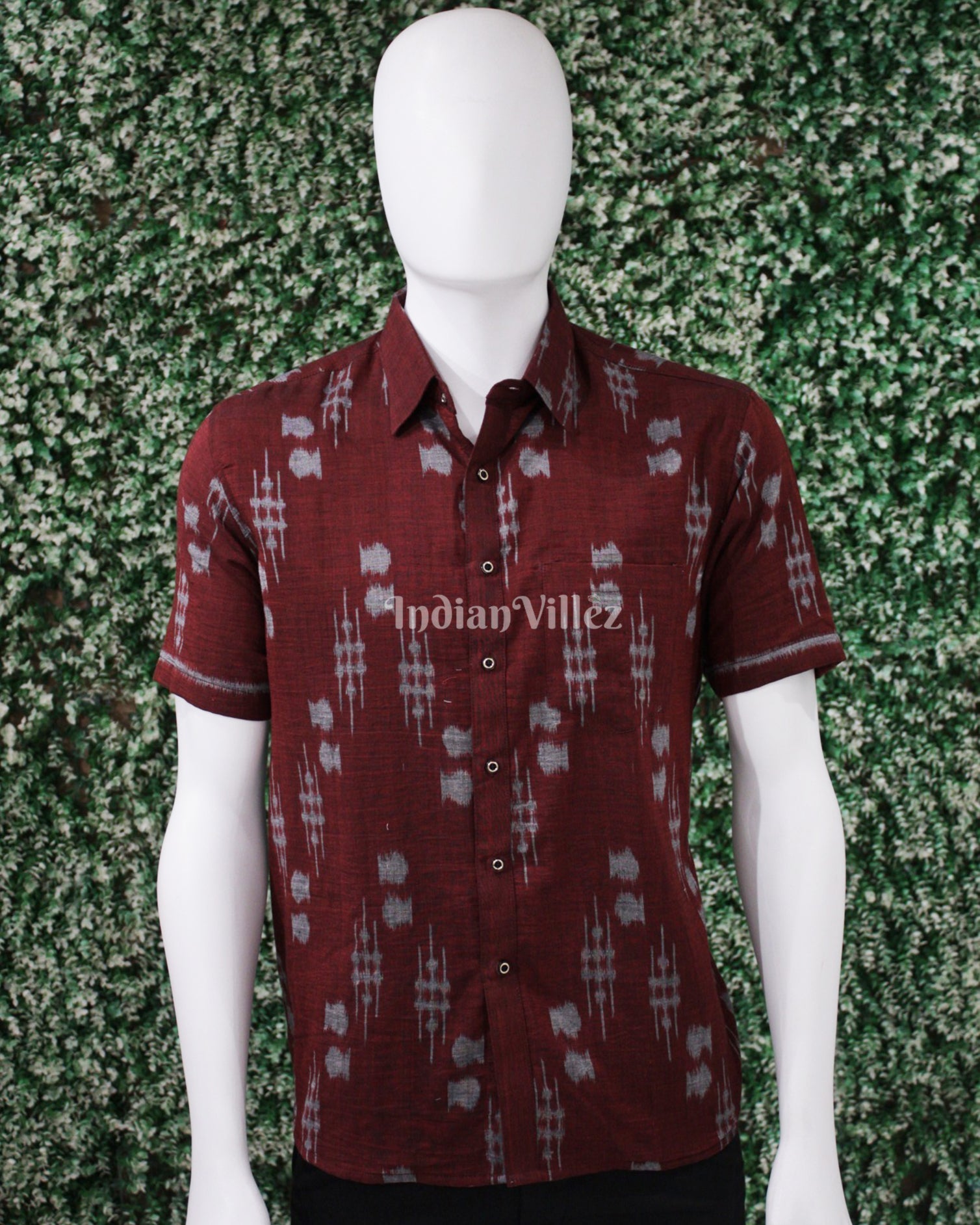 IndianVillèz Maroon Odisha Ikat Cotton Half Sleeve Shirt for Men