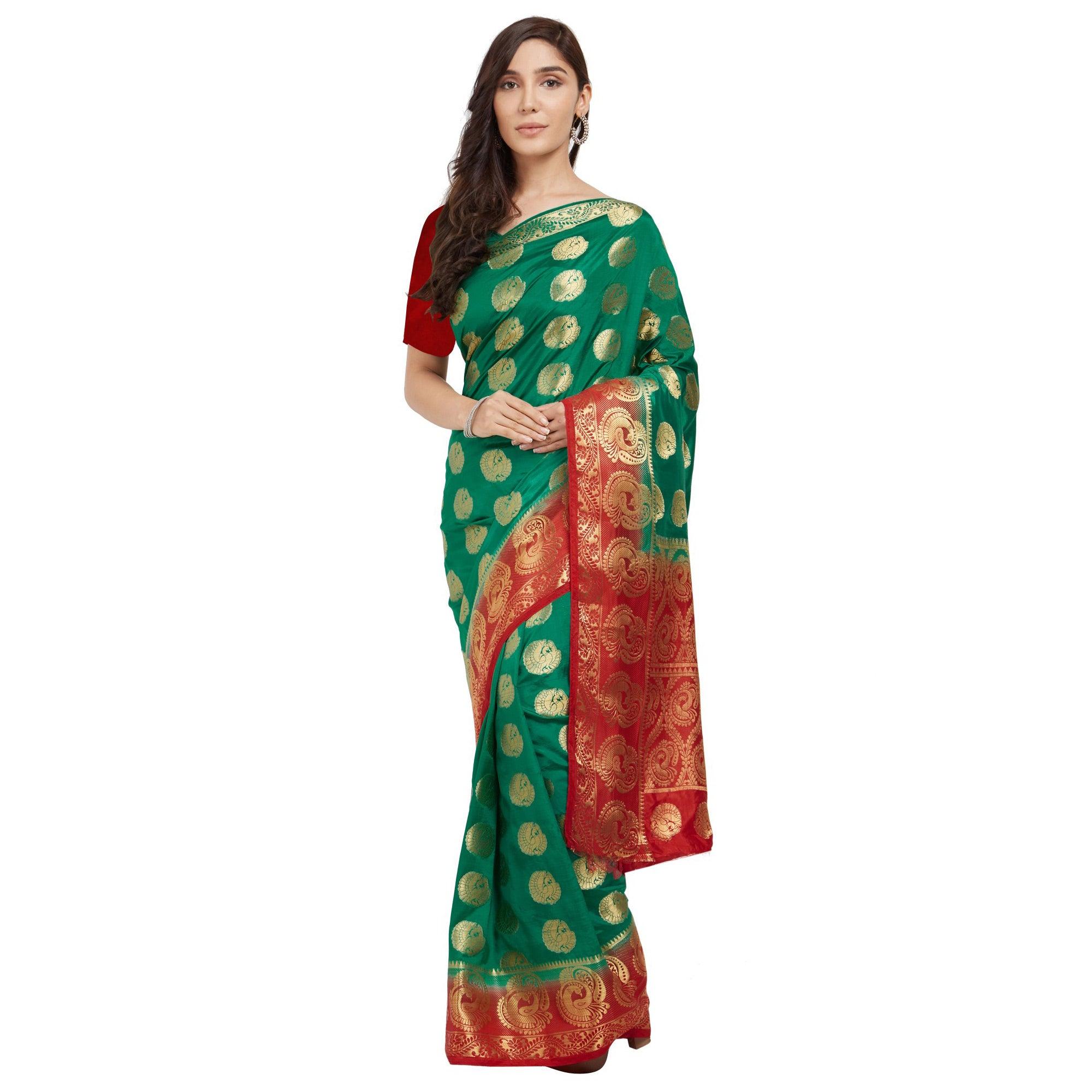 Peachmode Mesmeric Turquoise Green Colored Festive Wear Woven Cotton Silk Saree