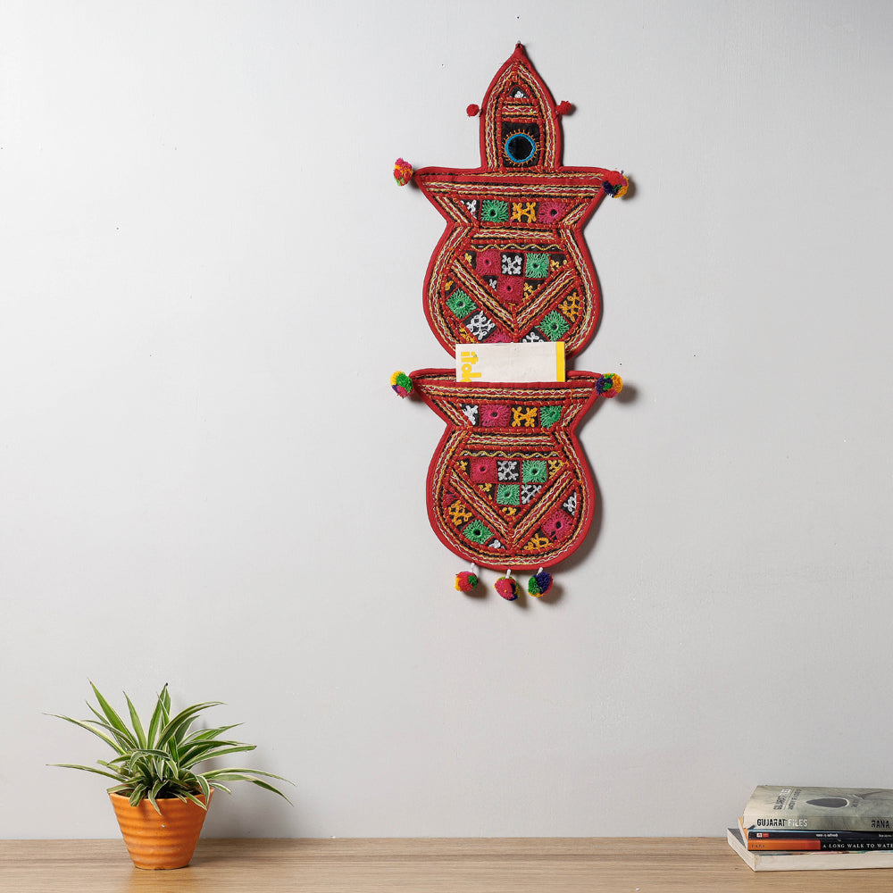 KACHCHH JI CHHAAP 2 Pocket - Mirror Work Kutch Hand Embroidered Kalash Wall Hanging Letter Holder - view 2