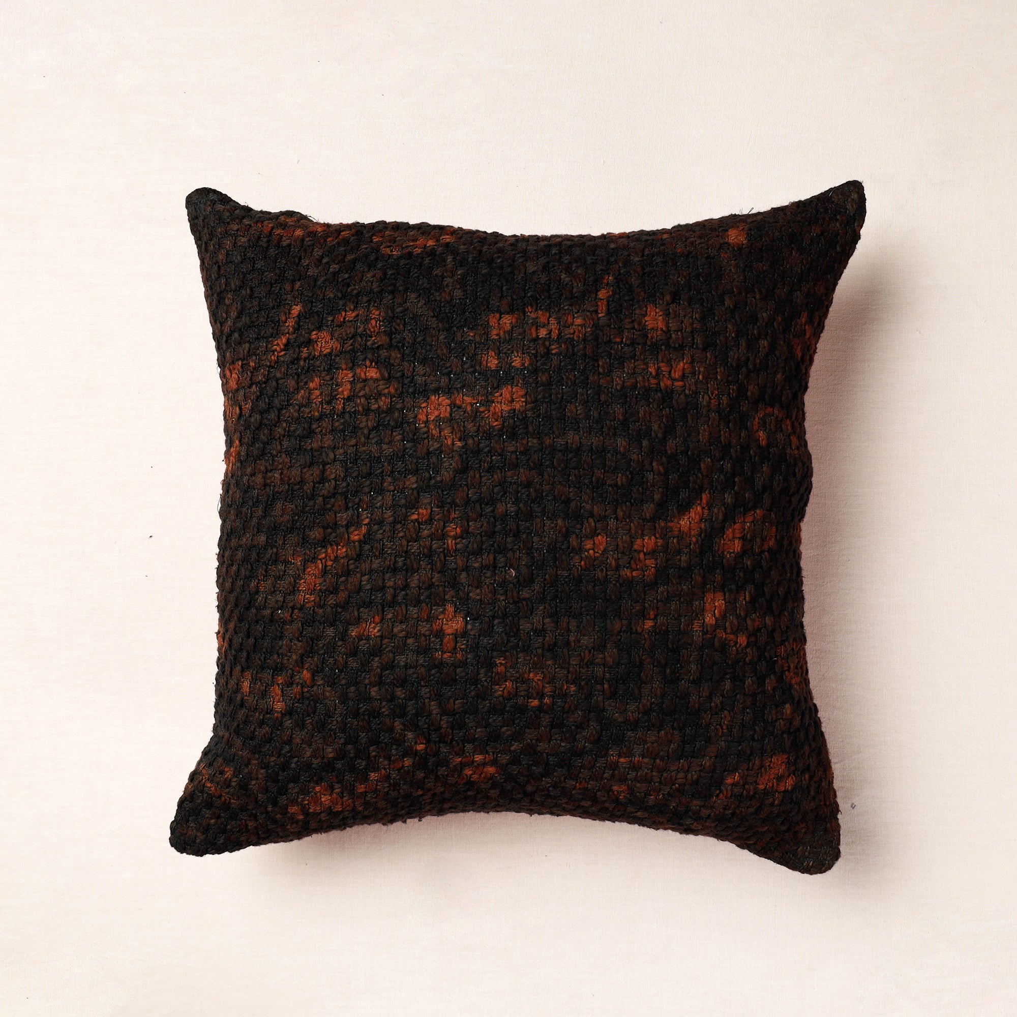 ARTISAN HAND BLOCK PRINTS Black - Bagru Block Printed Jute Cushion Cover (16 x 16 in)