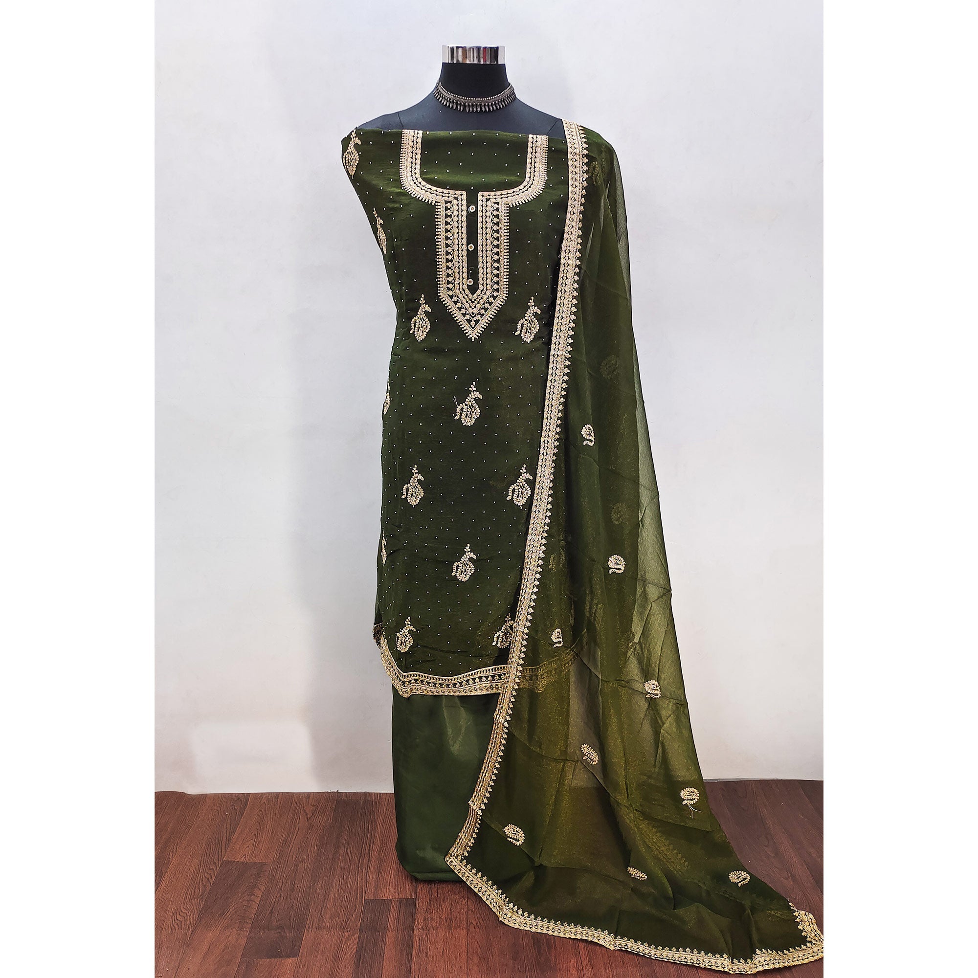 Peachmode Mehendi Green Floral Embroidery With Swarovski Work Georgette Dress Material - view 3