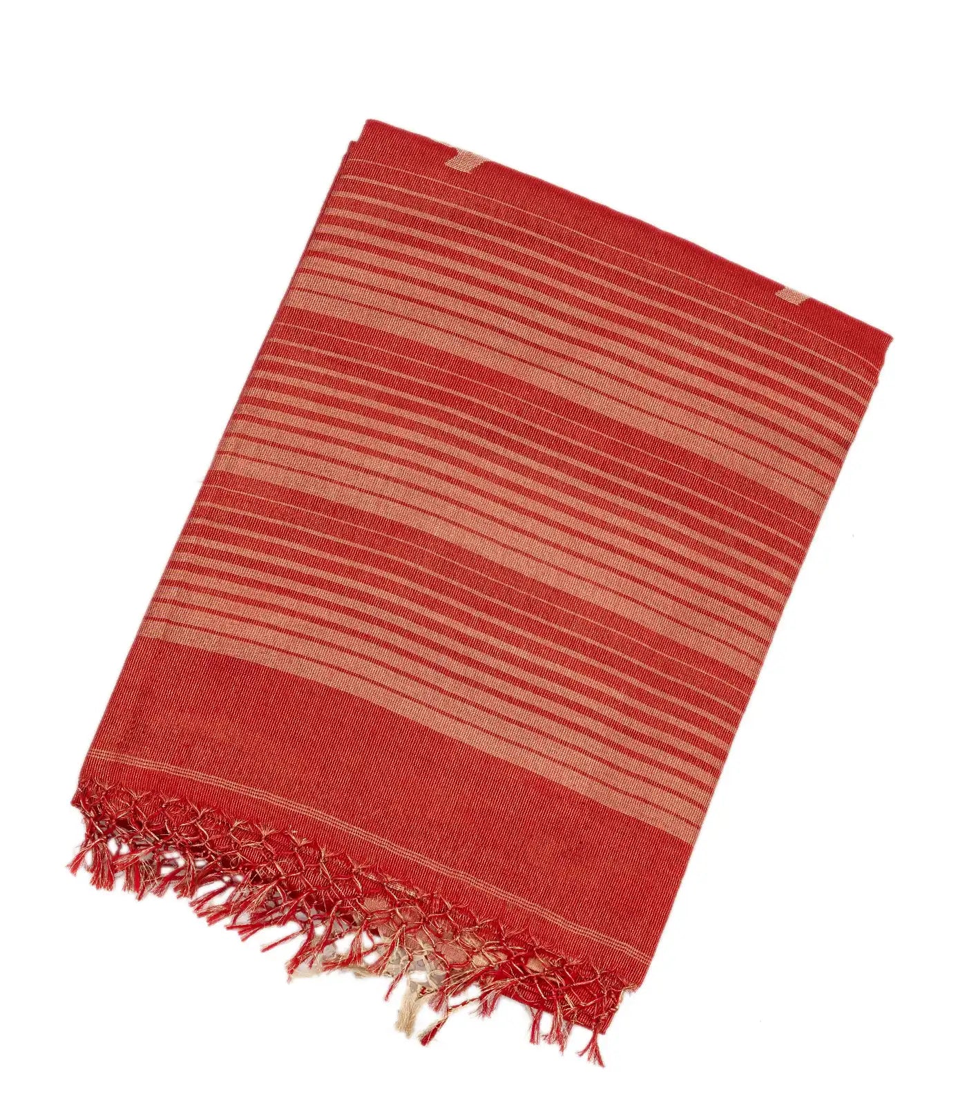 RmKV Red Handloom Bengal Cotton Saree With Stripes & Buttas